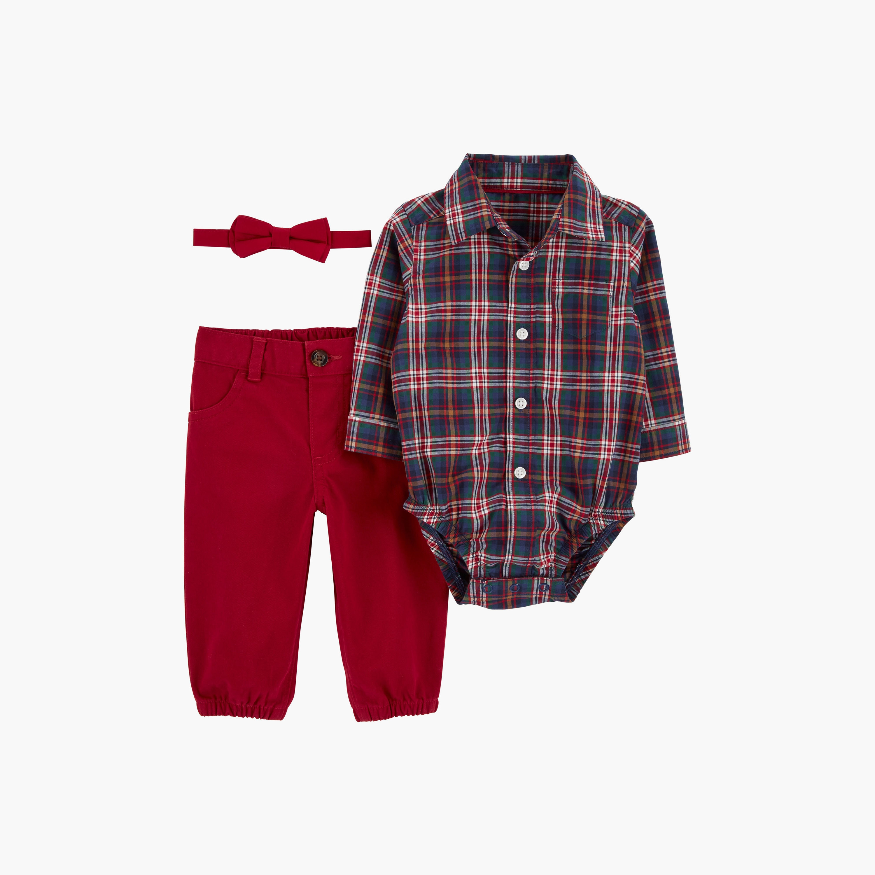 بودي سوت مربعات بأكمام طويلة 3 قطع، وبنطلون مع ربطة عنق من كارترز-baby-boys-clothing-setsandcoords-image-1