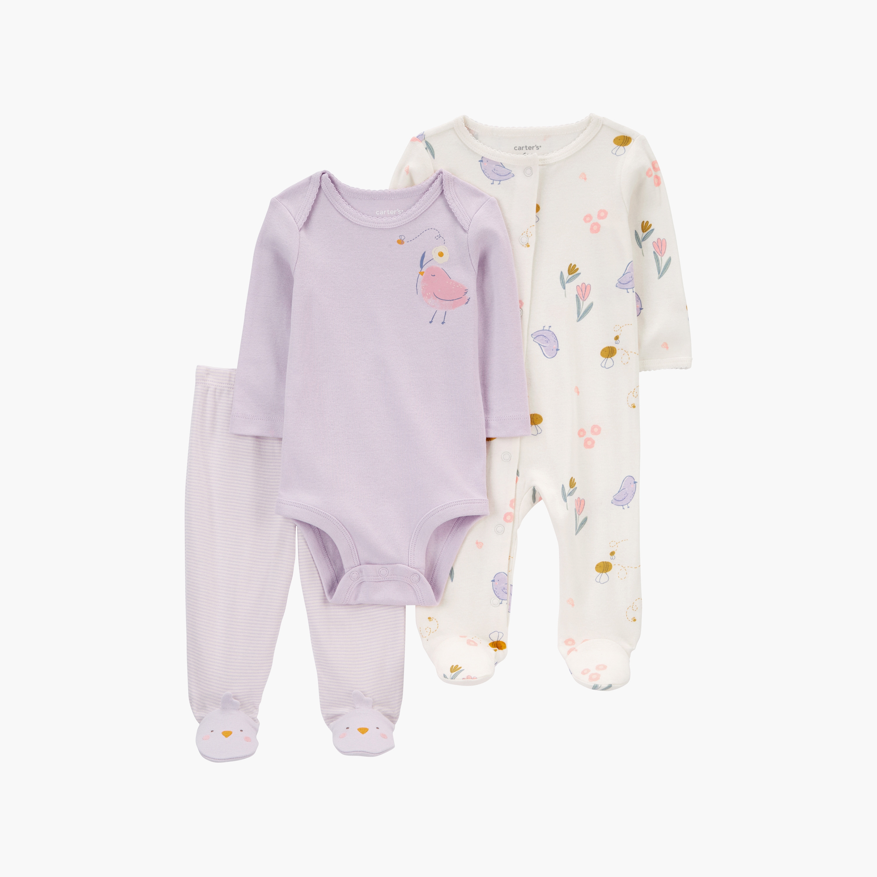 بودي سوت بأكمام طويلة مطبوعة من 3 قطع، بدلة نوم مع بنطال من كارترز-baby-girls-clothing-setsandcoords-image-1