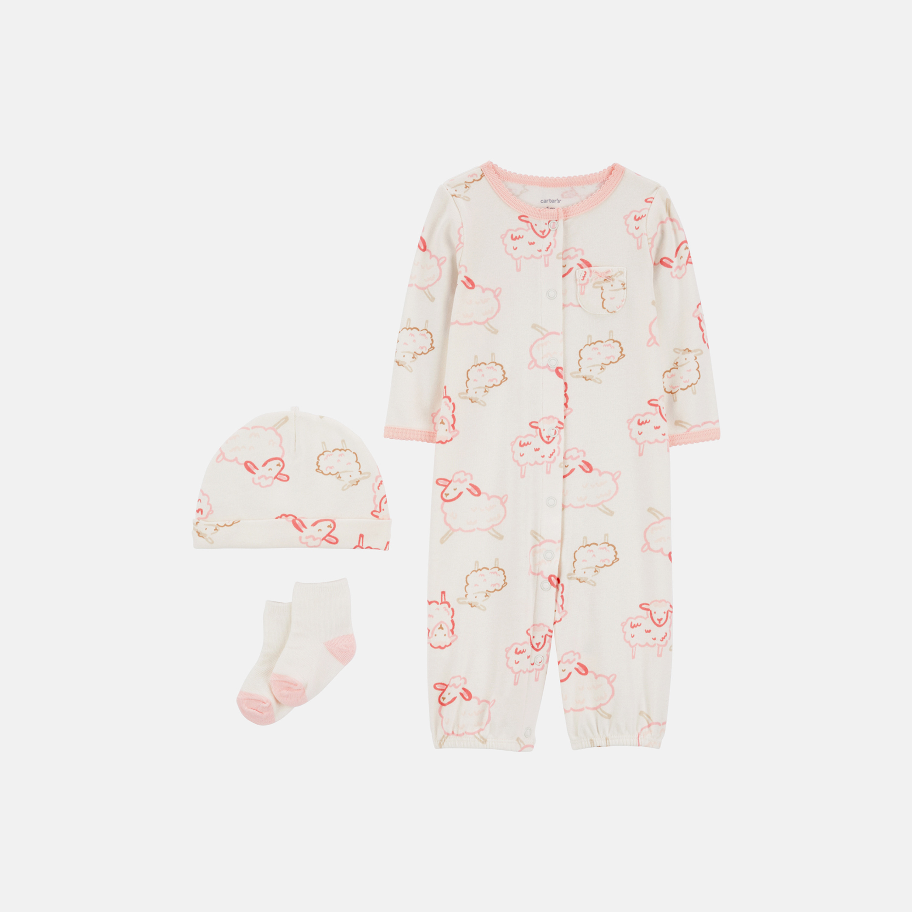 رومبير بأكمام طويلة وطبعات خروف 3 قطع، وقبعة مع زوج من الجوارب من كارترز-baby-girls-clothing-setsandcoords-image-1