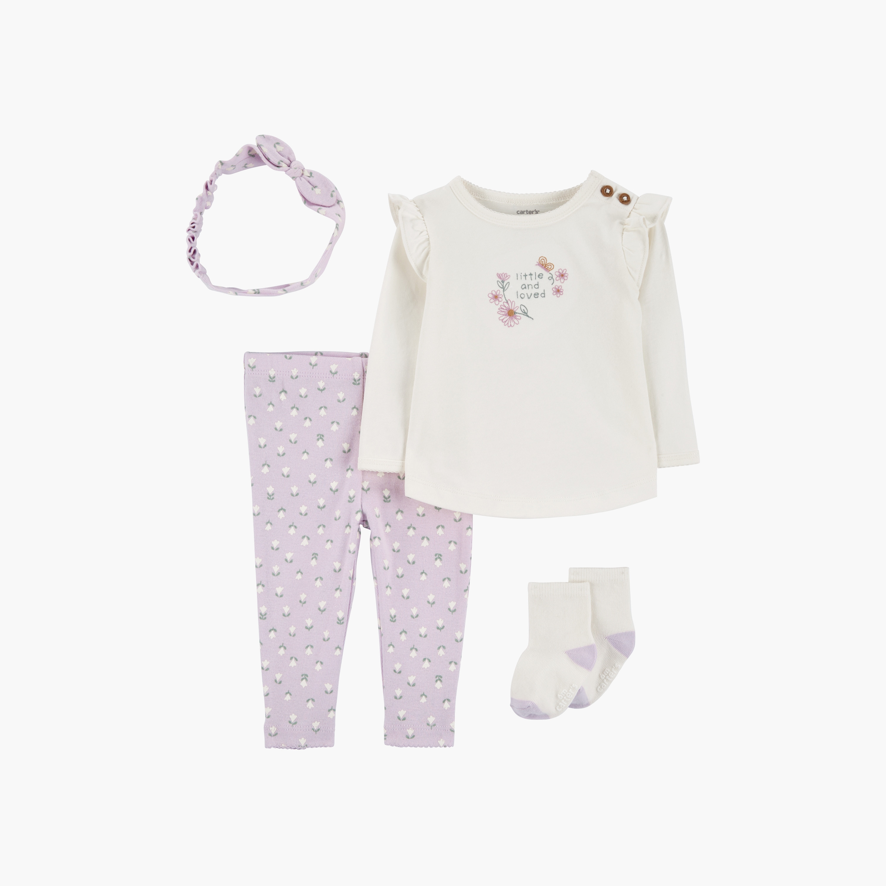 رومبير بأكمام طويلة بطبعة زهور 4 قطع وبنطلون ضيق وقبعة مع زوج من الجوارب من كارترز-baby-girls-clothing-setsandcoords-image-1