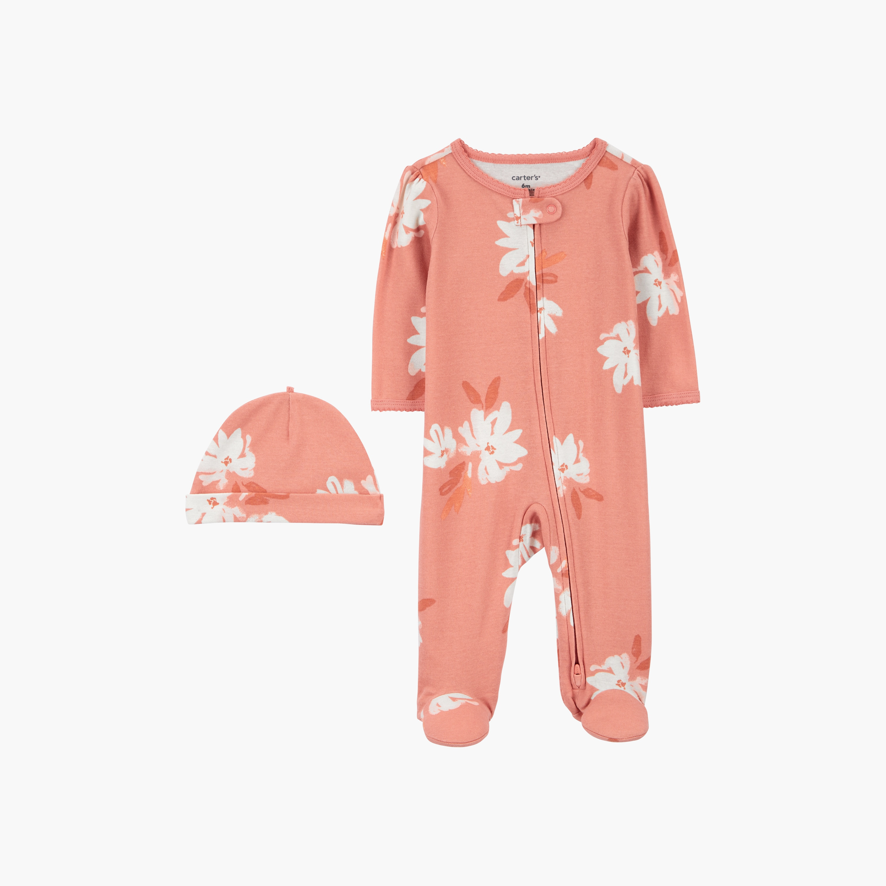بدلة نوم بأكمام طويلة بطبعة زهور مع قبعة من كارترز-baby-girls-clothing-nightwear-sleepsuits-image-1