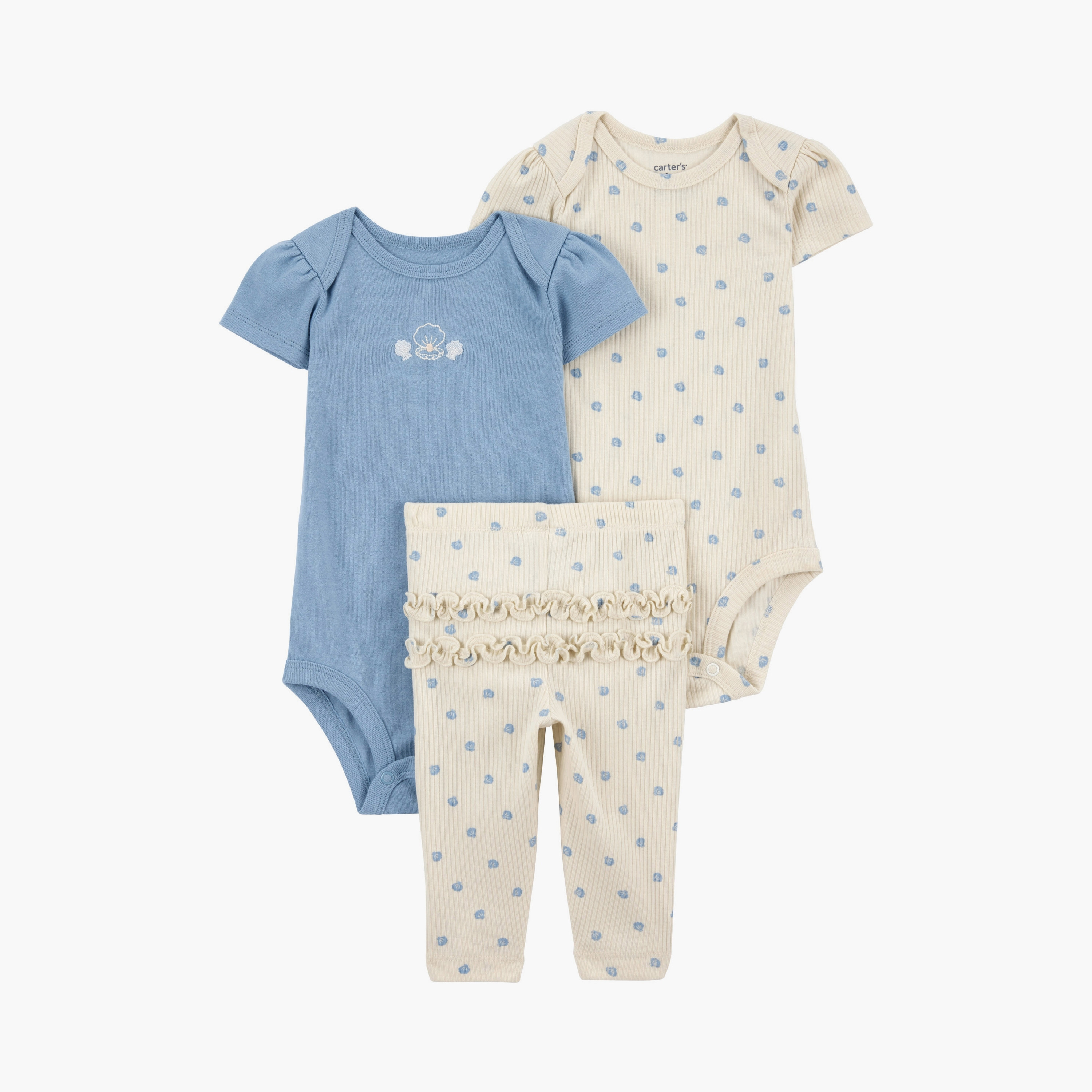 بودي سوت مكون من 3 قطع بطبعة صدف البحر بأكمام قصيرة مع بنطال ضيق  من كارترز-baby-girls-clothing-setsandcoords-image-1