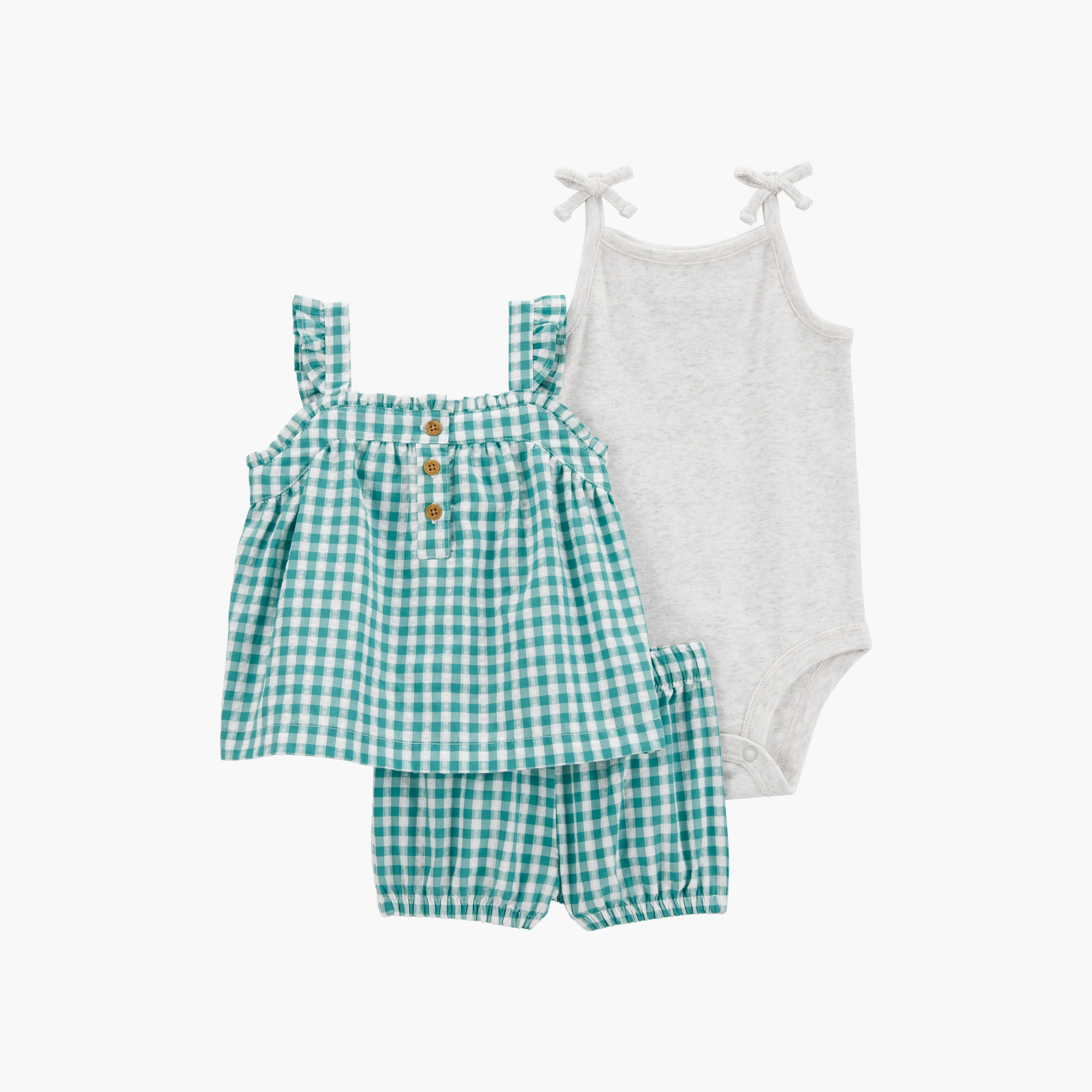 فستان منقوش بنقشة المربعات بأكمام قصيرة، وبودي سوت مع شورت من كارترز-baby-girls-clothing-setsandcoords-image-1