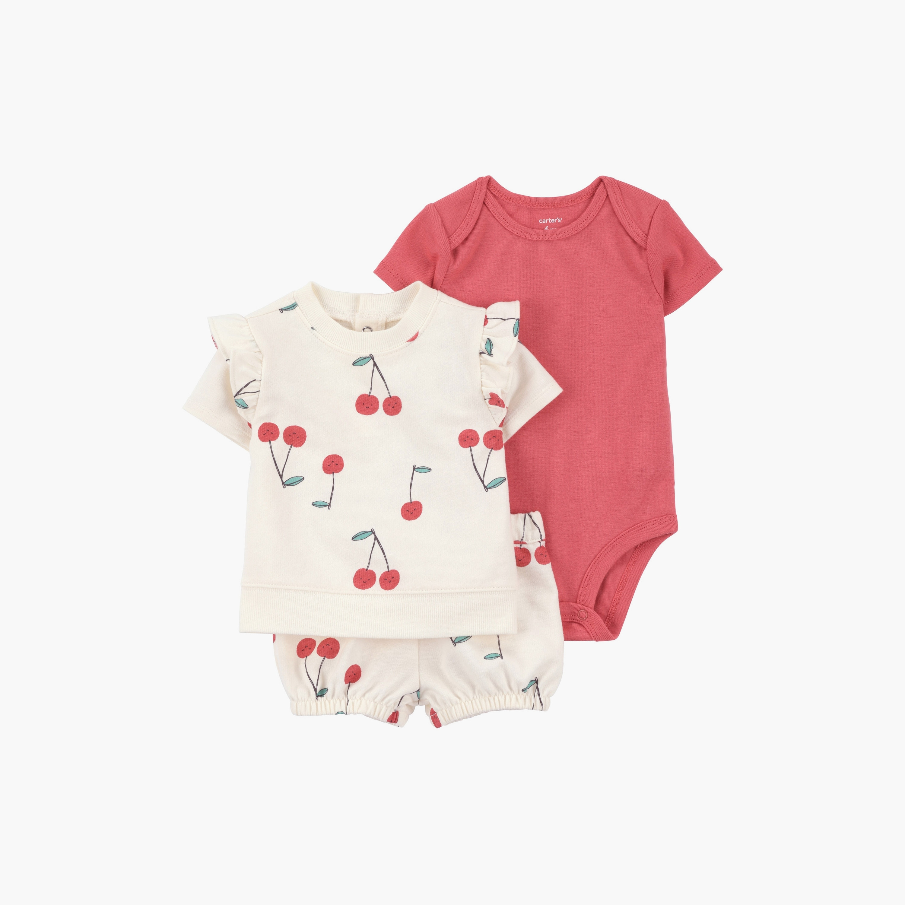تي شيرت بطبعة كرز بأكمام قصيرة مكون من 3 قطع وشورت مع بدلة للجسم من كارترز-baby-girls-clothing-setsandcoords-image-1