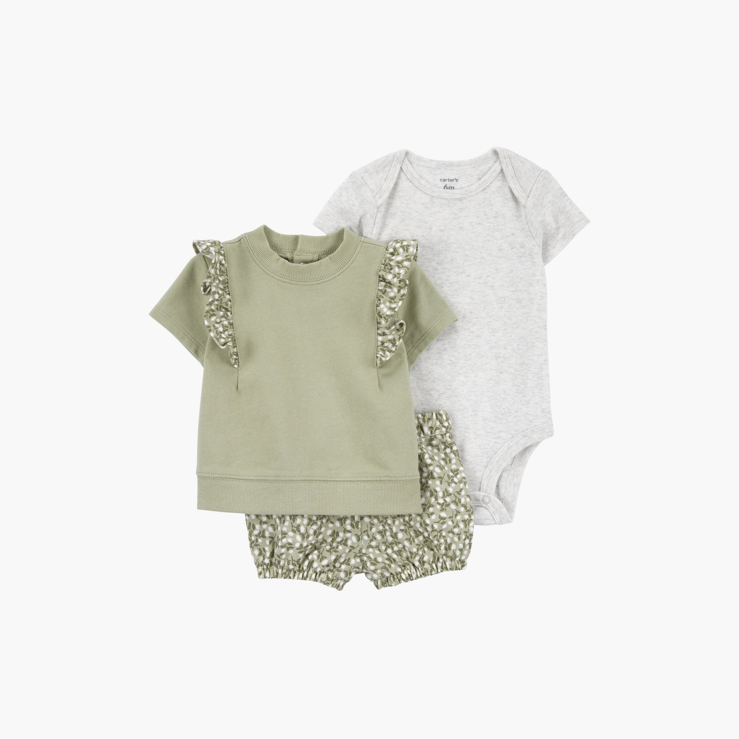 تي شيرت بطبعة زهور بأكمام قصيرة مكون من 3 قطع وشورت مع بدلة للجسم من كارترز-baby-girls-clothing-setsandcoords-image-1