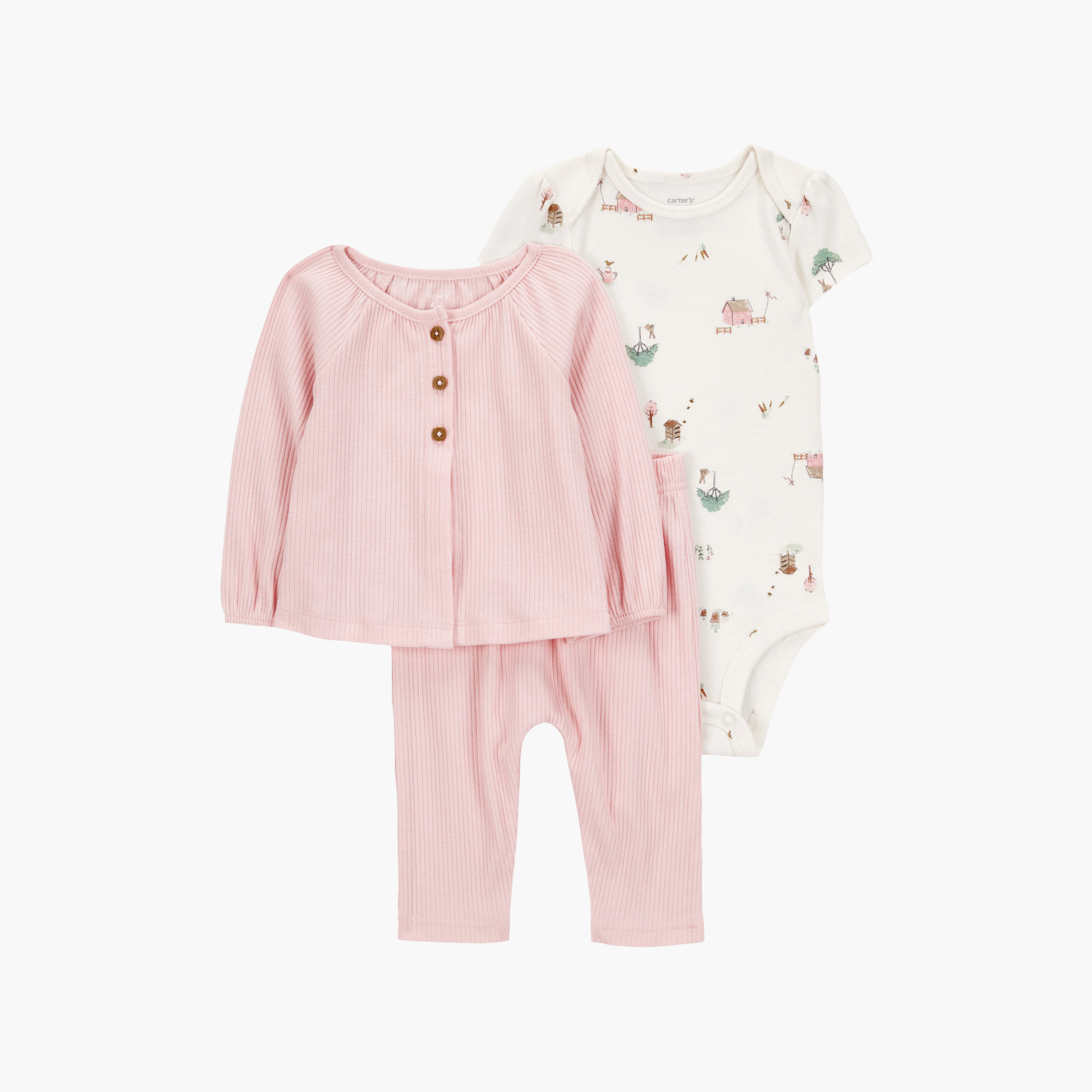 طقم مكون من بودي سوت مطبوع وكارديجان سادة 3 قطع من كارترز-baby-girls-clothing-setsandcoords-image-1