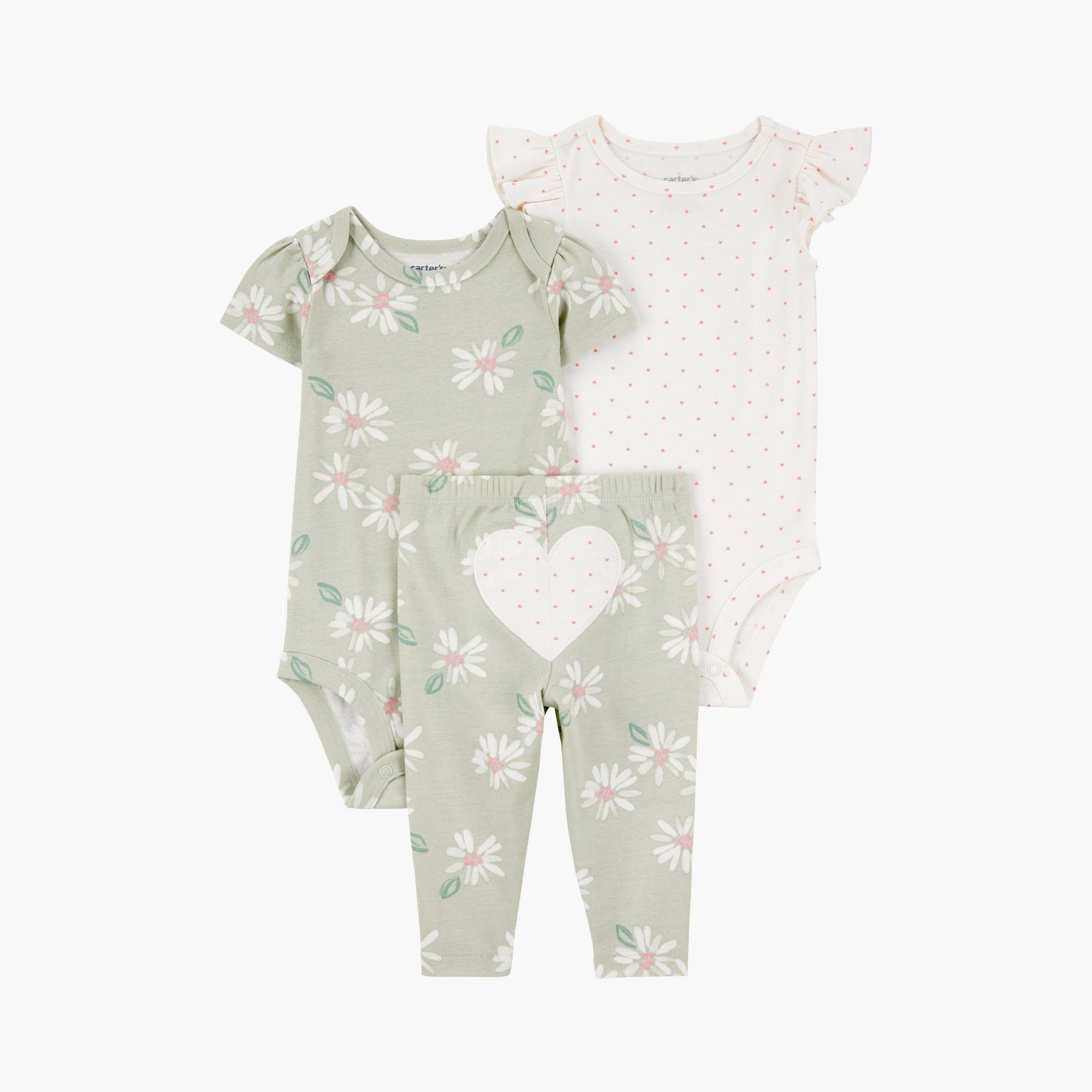 طقم مكون من بودي سوت أكمام قصيرة بطبعة زهور وبنطلون 3 قطع من كارترز-baby-girls-clothing-setsandcoords-image-1