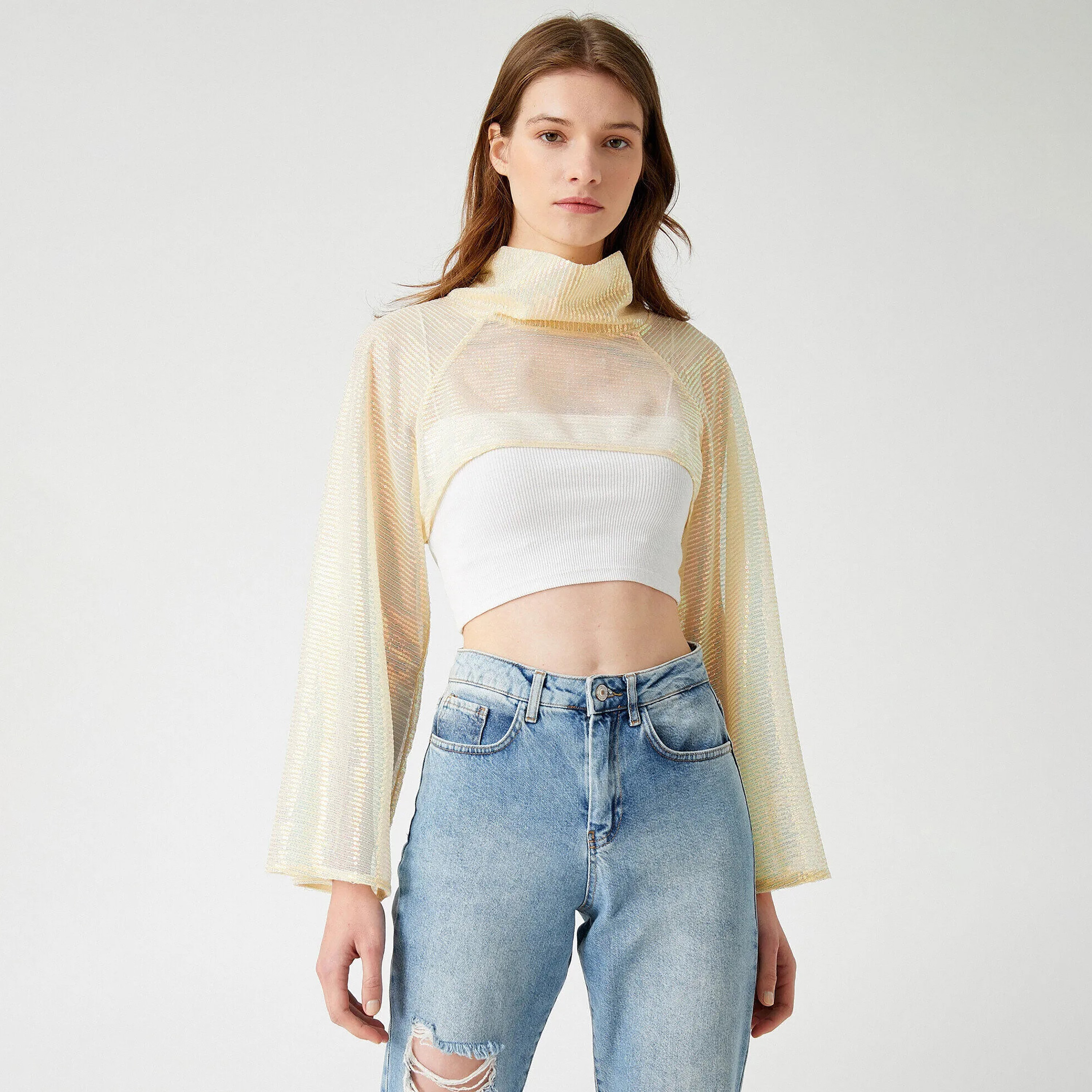 KOTON Yellow Sequined Turtle Neck Flared Sleeves Women's Cropped Top-women-clothing-shirtsandblouses-blouses-image-1