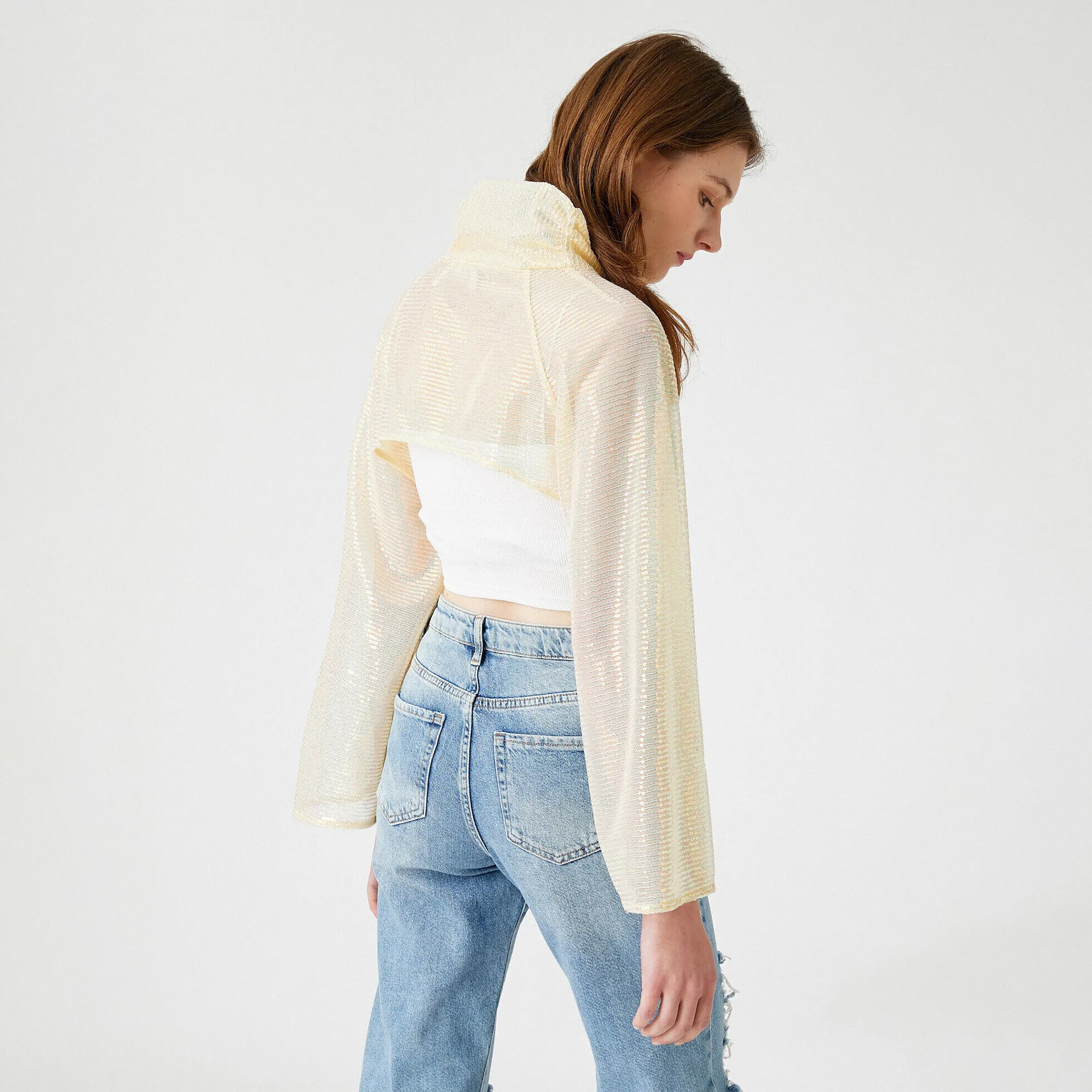 KOTON Yellow Sequined Turtle Neck Flared Sleeves Women's Cropped Top-women-clothing-shirtsandblouses-blouses-image-3