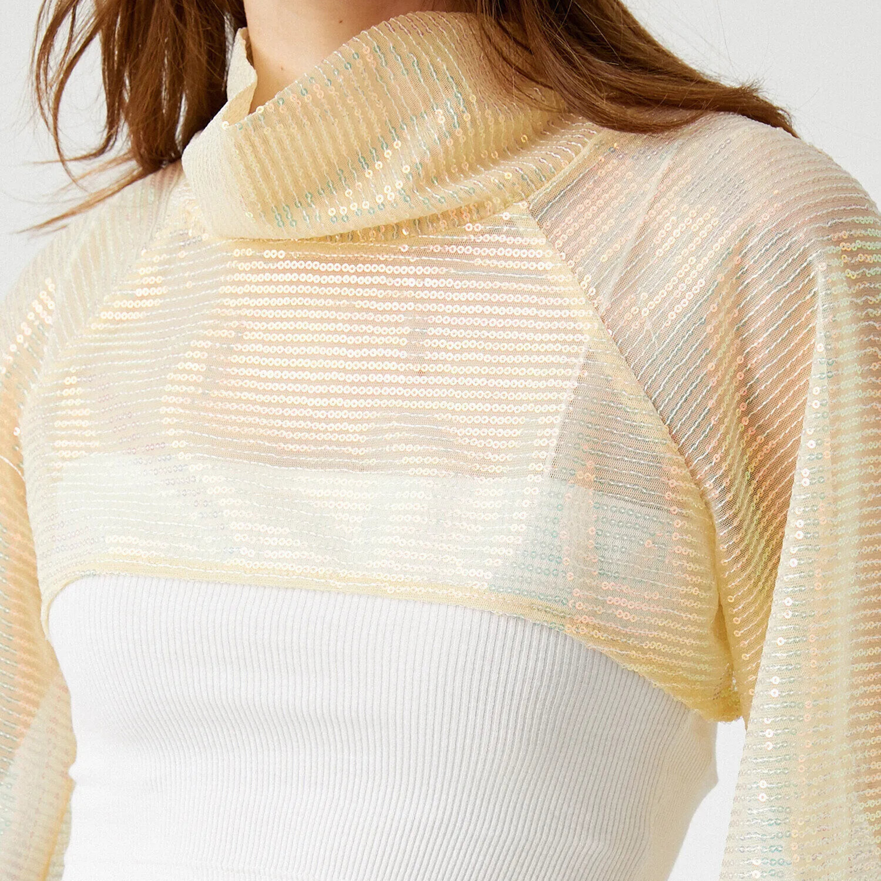 KOTON Yellow Sequined Turtle Neck Flared Sleeves Women's Cropped Top-women-clothing-shirtsandblouses-blouses-image-5