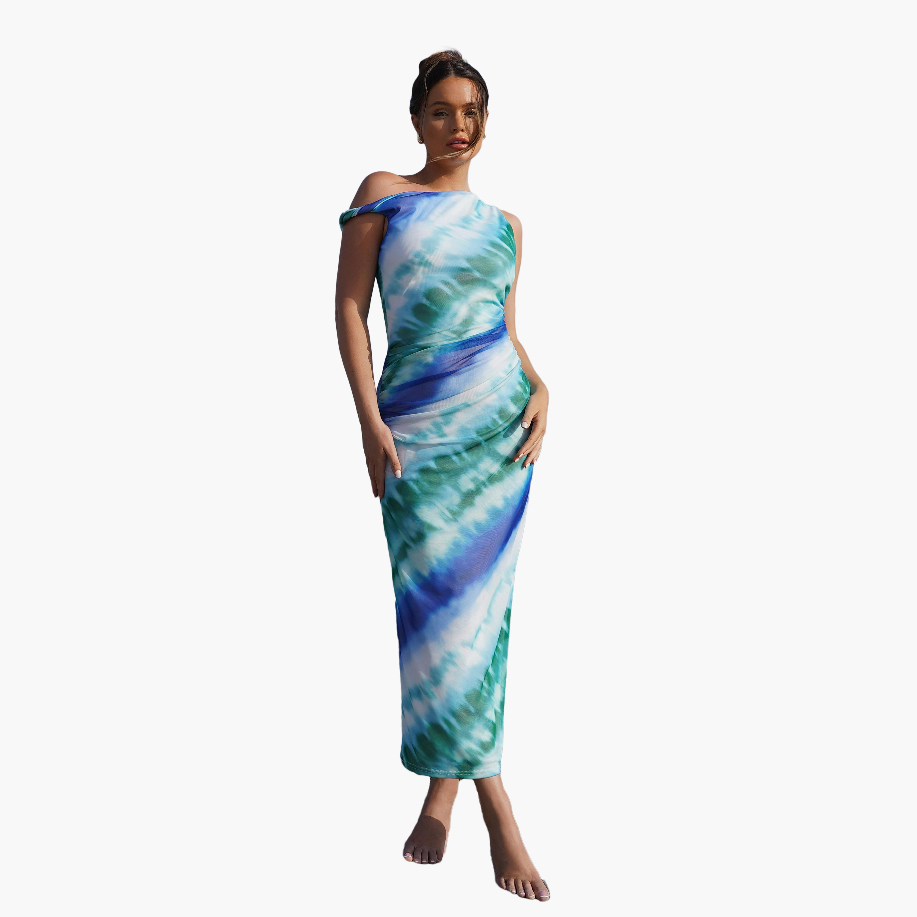 فستان ميداكسي أومبري ميش بفتحة رقبة غير متناظرة باللون الأزرق من كويز-women-clothing-dresses-image-1