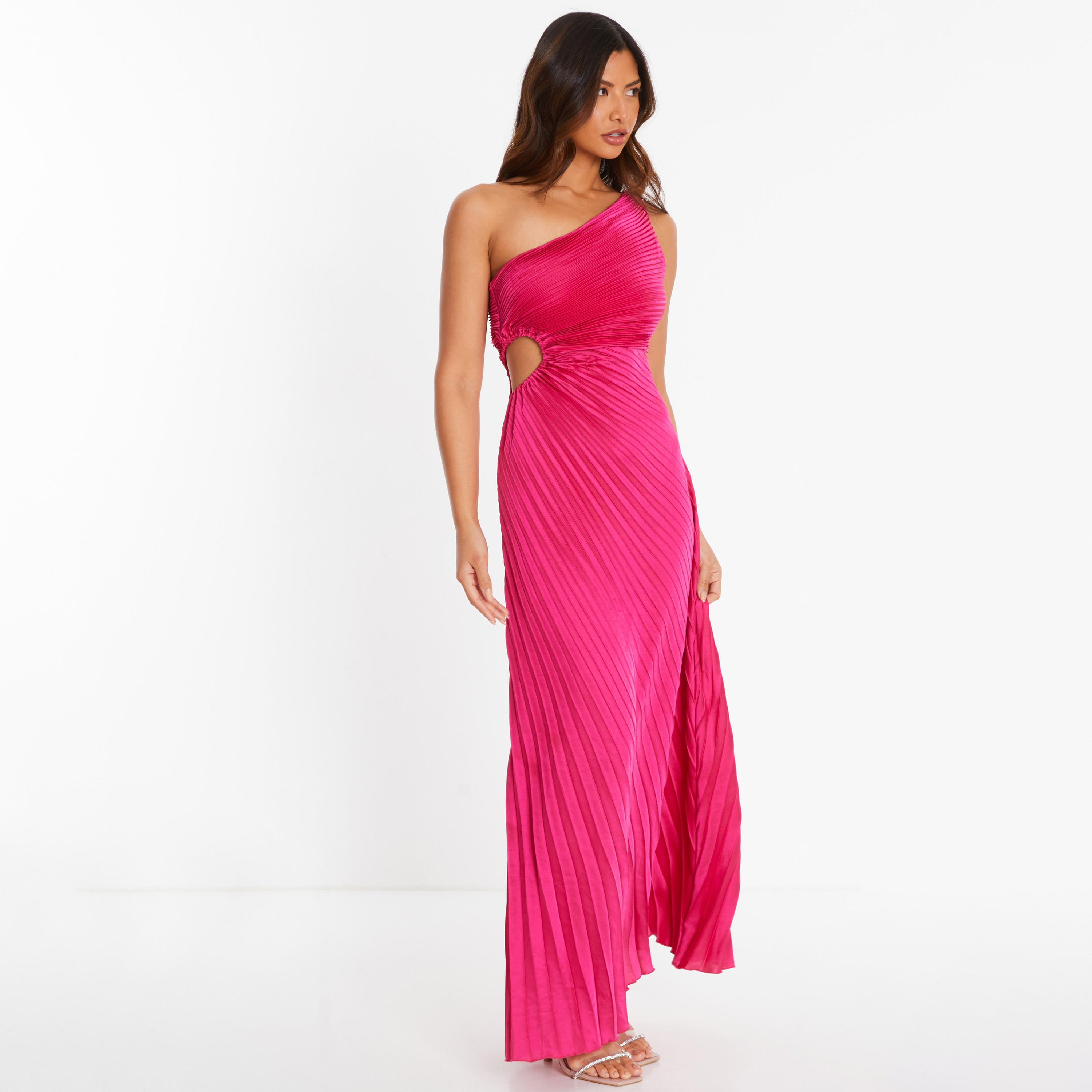 Quiz Magenta Satin Pleated One Shoulder Evening Maxi Dress-women-clothing-dresses-image-1