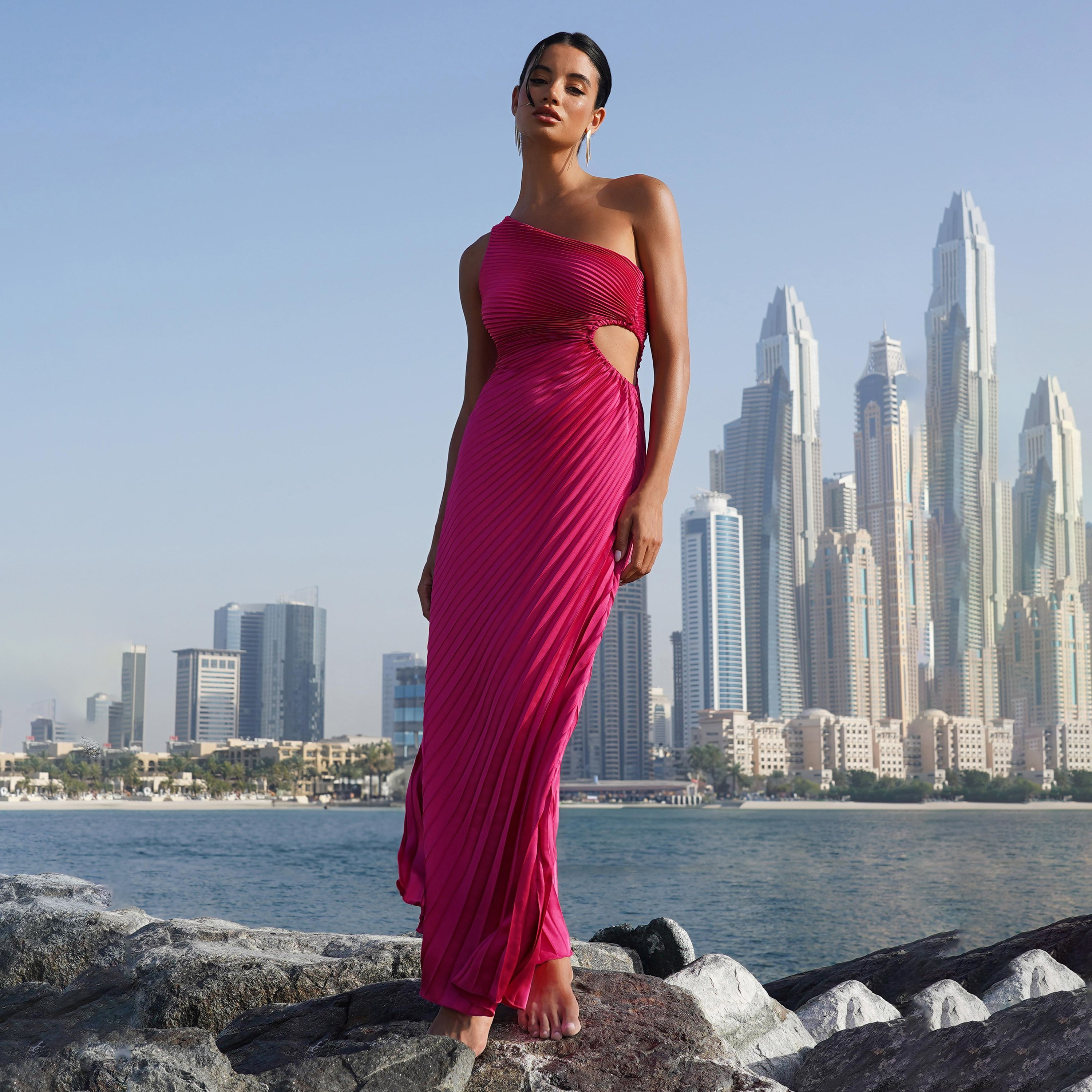 Quiz Magenta Satin Pleated One Shoulder Evening Maxi Dress-women-clothing-dresses-image-2