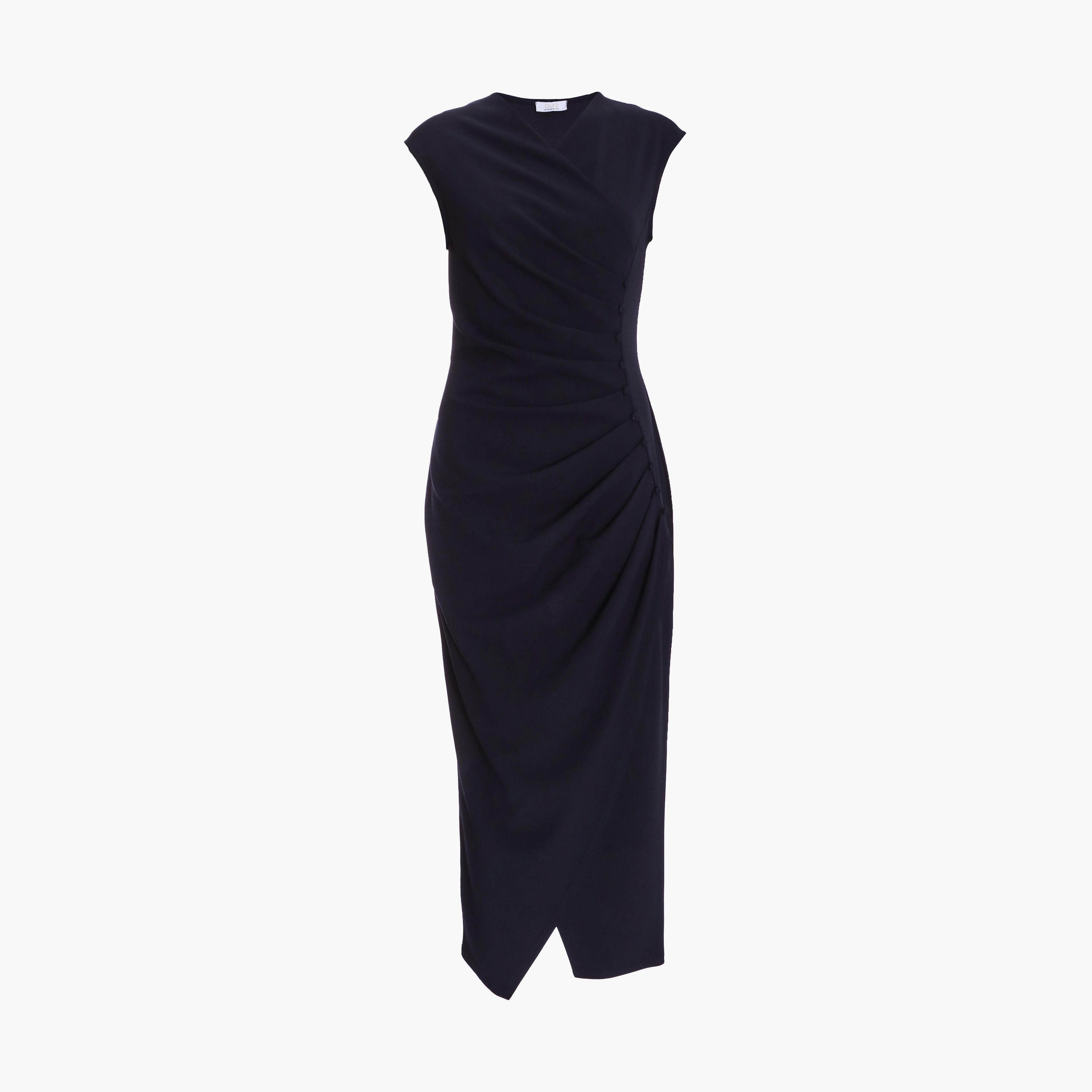 فستان طويل مزين بأزرار وكشكشة من الكريب سكوبا باللون الأزرق الداكن من كويز-women-clothing-dresses-image-5