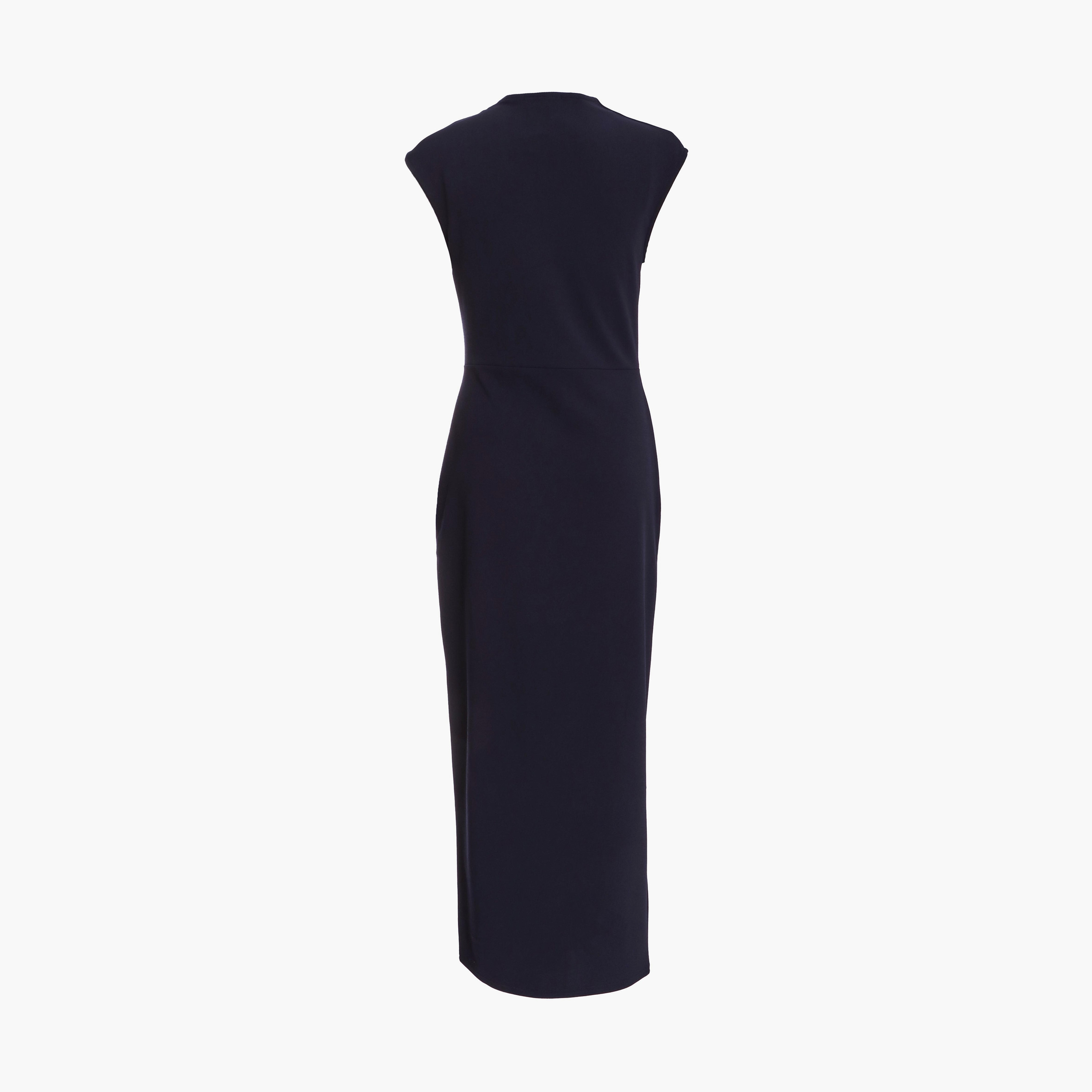 فستان طويل مزين بأزرار وكشكشة من الكريب سكوبا باللون الأزرق الداكن من كويز-women-clothing-dresses-image-6