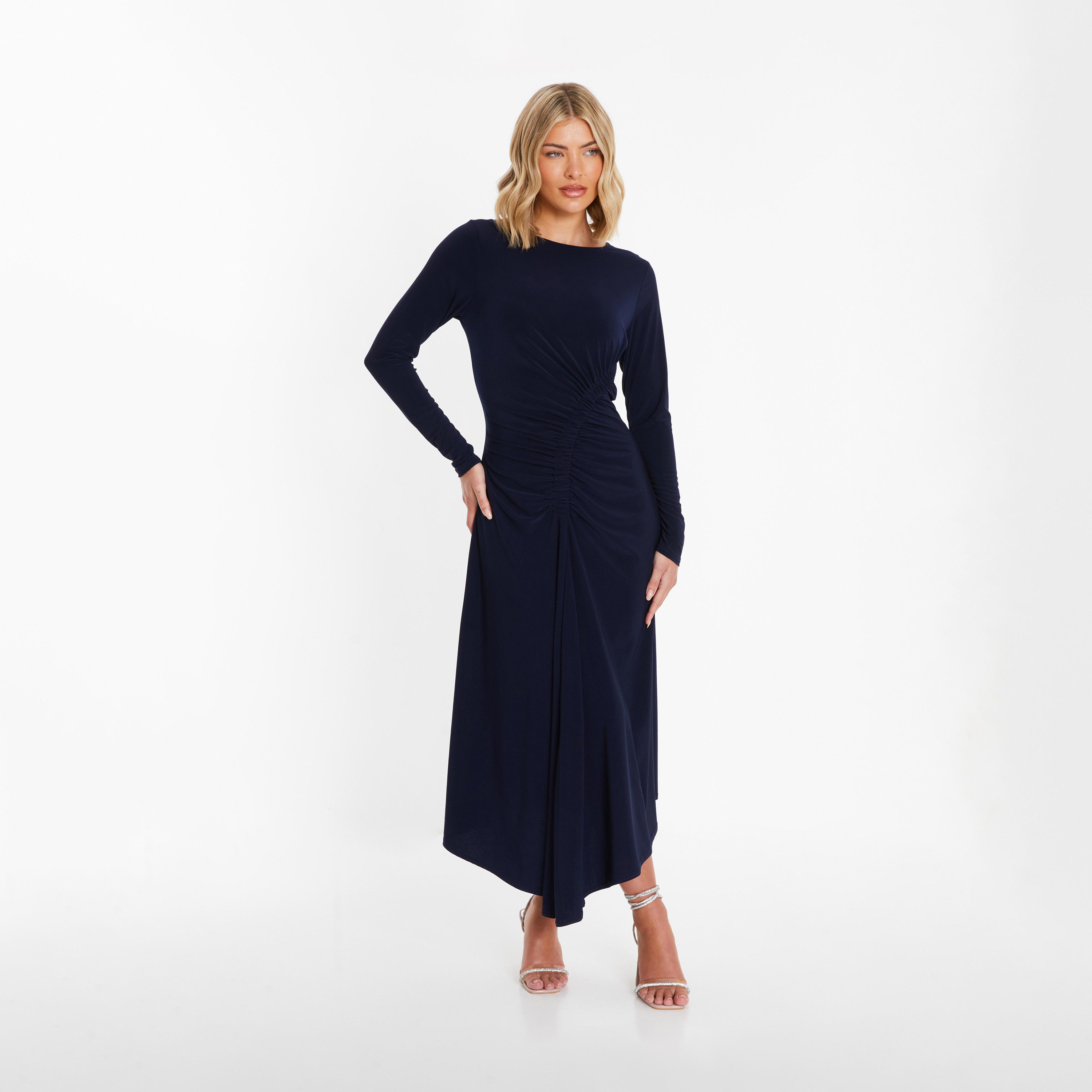 كويز-  فستان ميداكسي أزرق داكن اللون قماش ايتي مع بطانة مكشكشة-women-clothing-dresses-image-1
