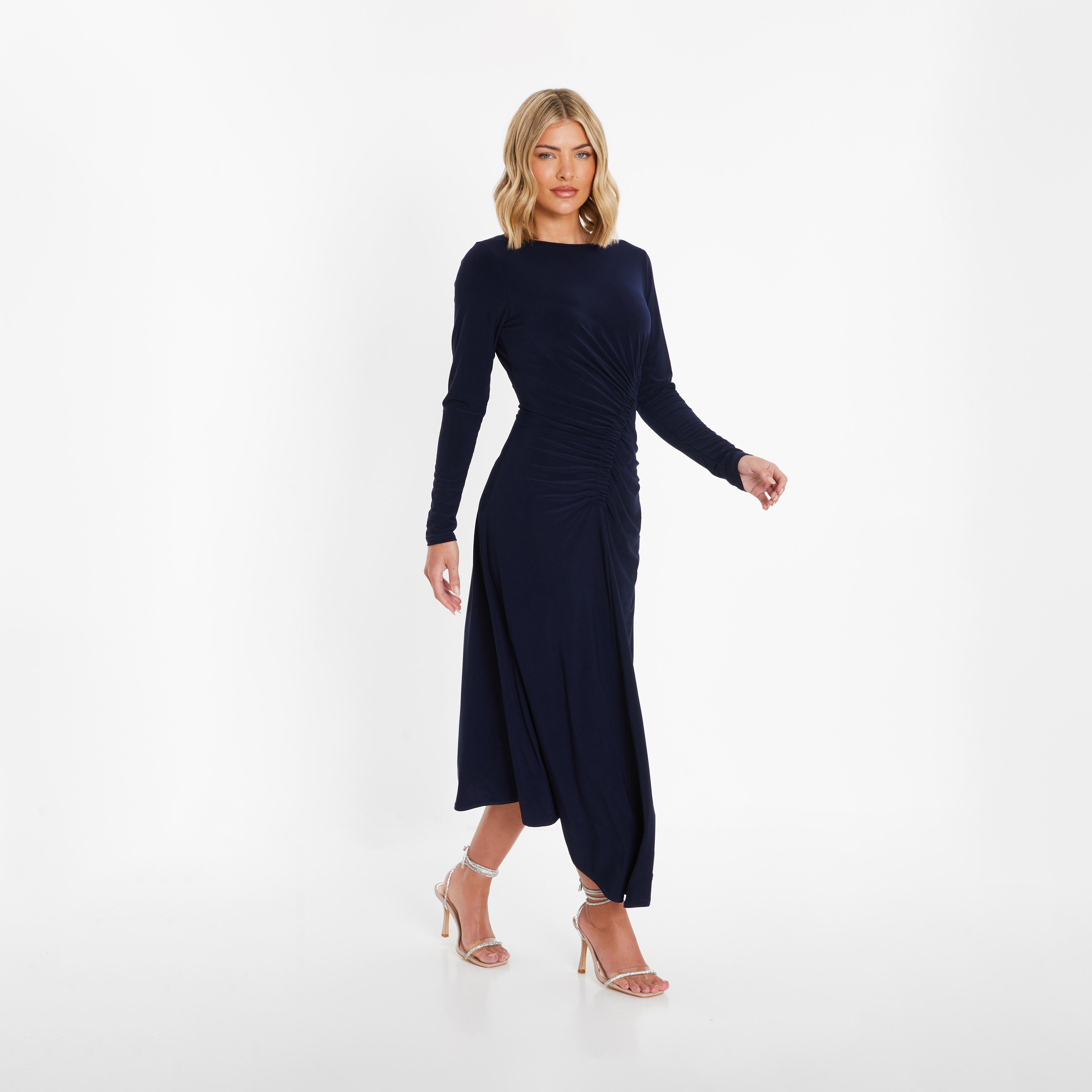 Quiz Navy ITY Ruched Hanky Hem Midaxi Dress-women-clothing-dresses-image-3