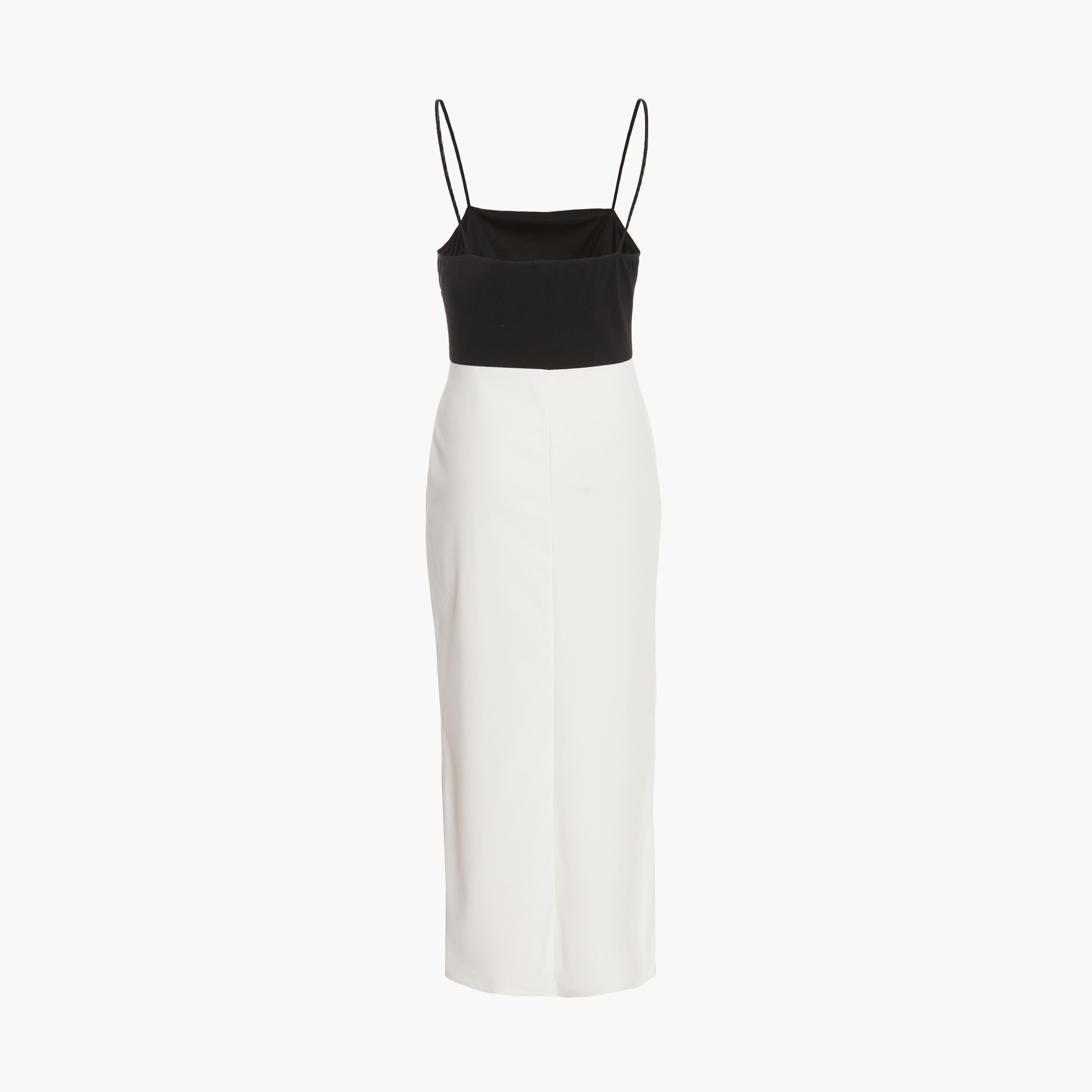 كويز فستان ميدي كريب أسود وأبيض سكوبا كريب بلون مغاير-women-clothing-dresses-image-5