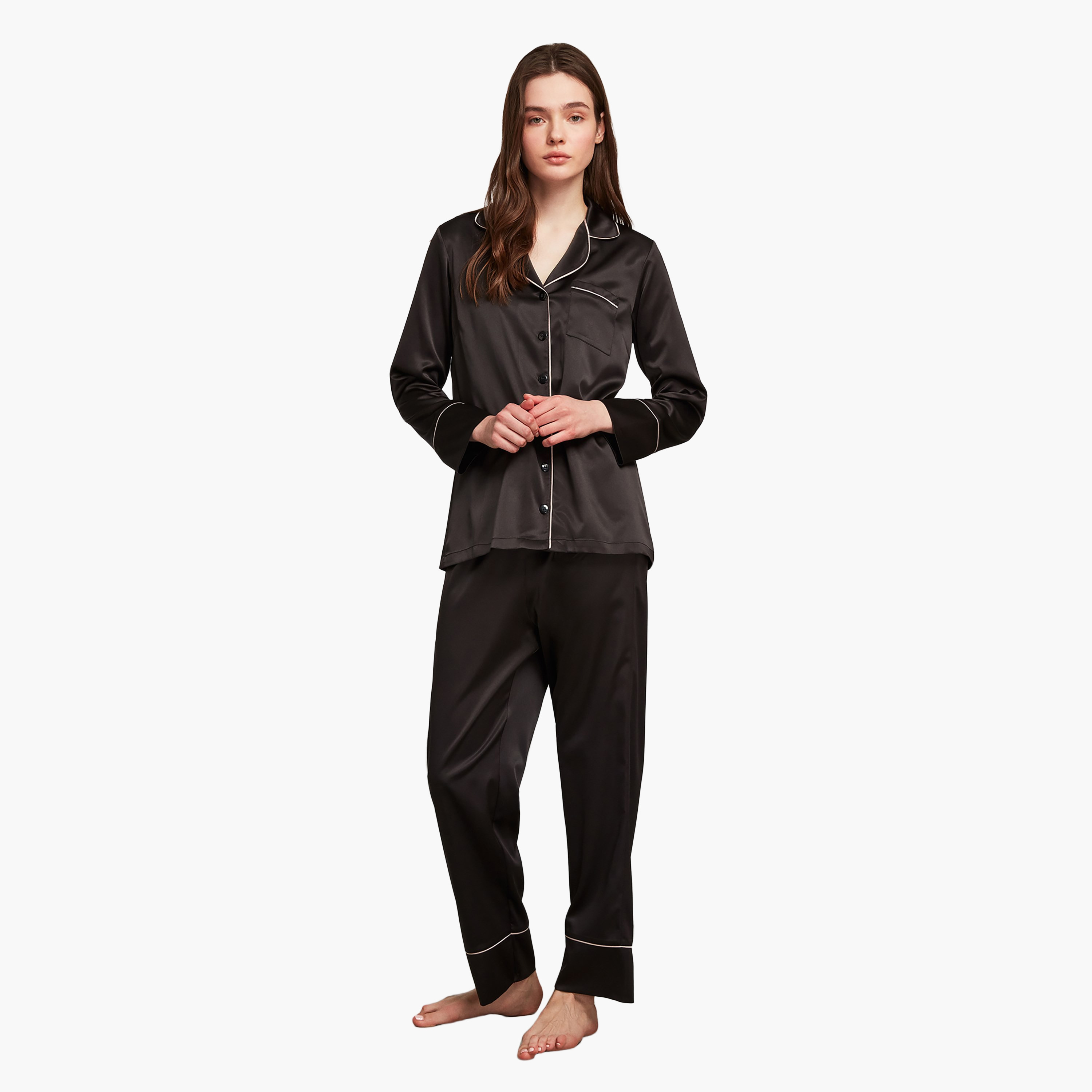 طقم بيجامة مع قميص داخلي بياقة مطوية وتفاصيل حواف وبيجامة نسائية من بيني موود-women-clothing-nightwear-pyjamas-longsets-image-1