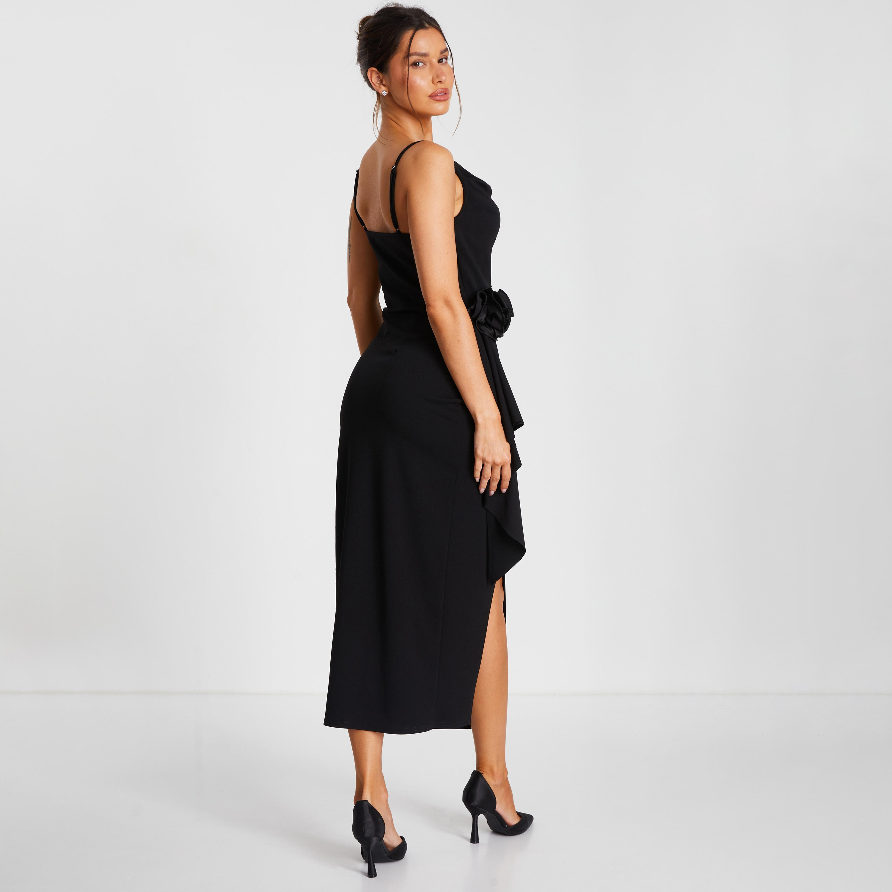 فستان ميداكسي للسهرة من الكريب سكوبا بتفاصيل كورساج و رقبة كاول أسود من كويز-women-clothing-dresses-image-2
