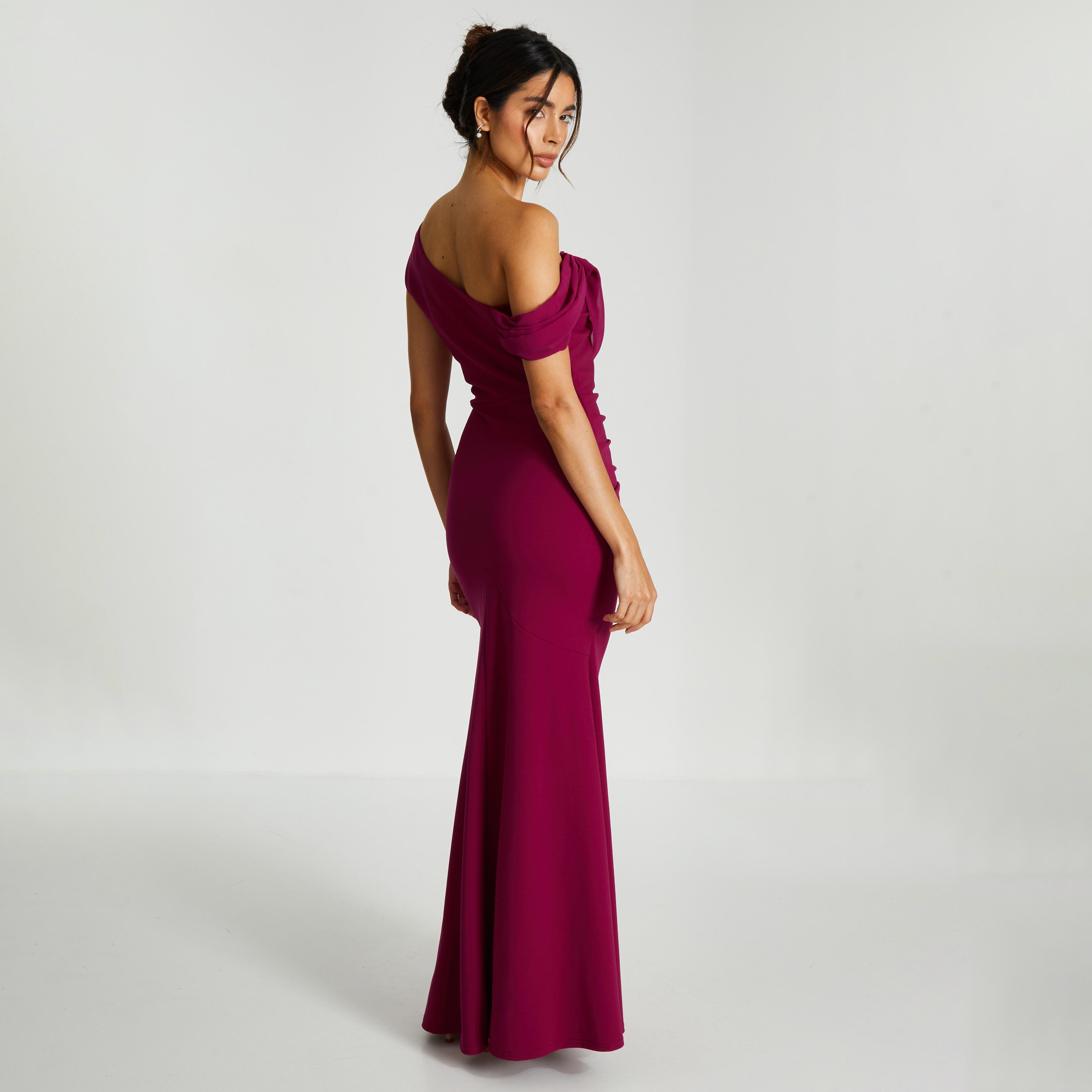 فستان ماكسي أحمر مسائي من كويز ذو شيفون كريب كاول للنساء-women-clothing-dresses-image-2