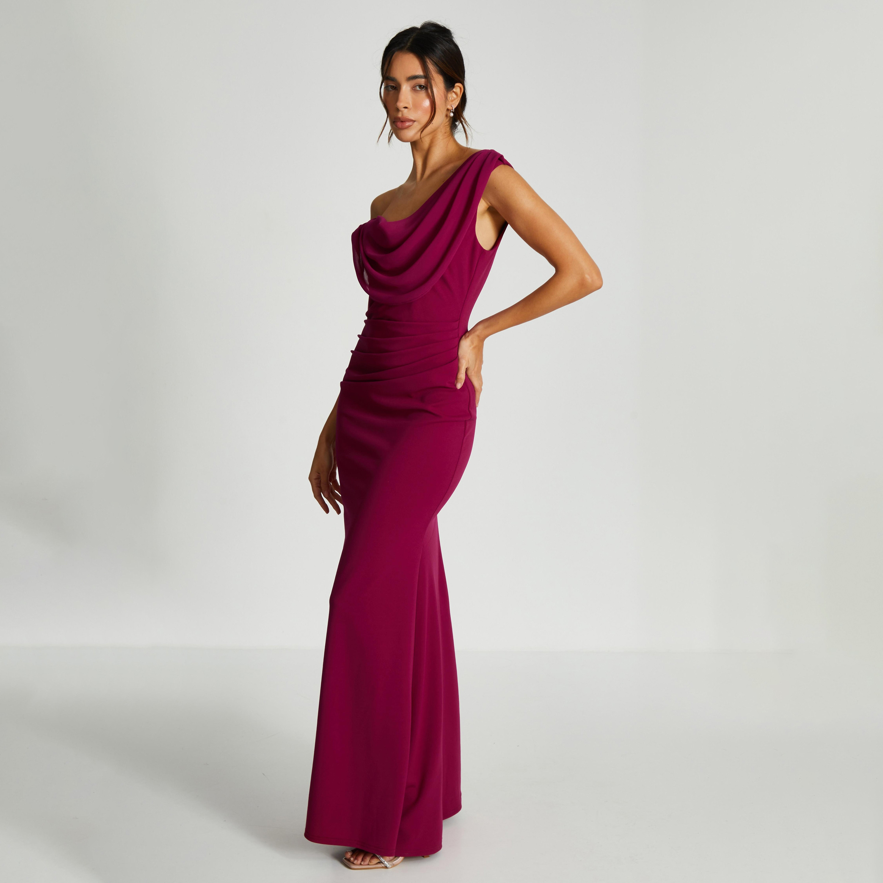 فستان ماكسي أحمر مسائي من كويز ذو شيفون كريب كاول للنساء-women-clothing-dresses-image-3