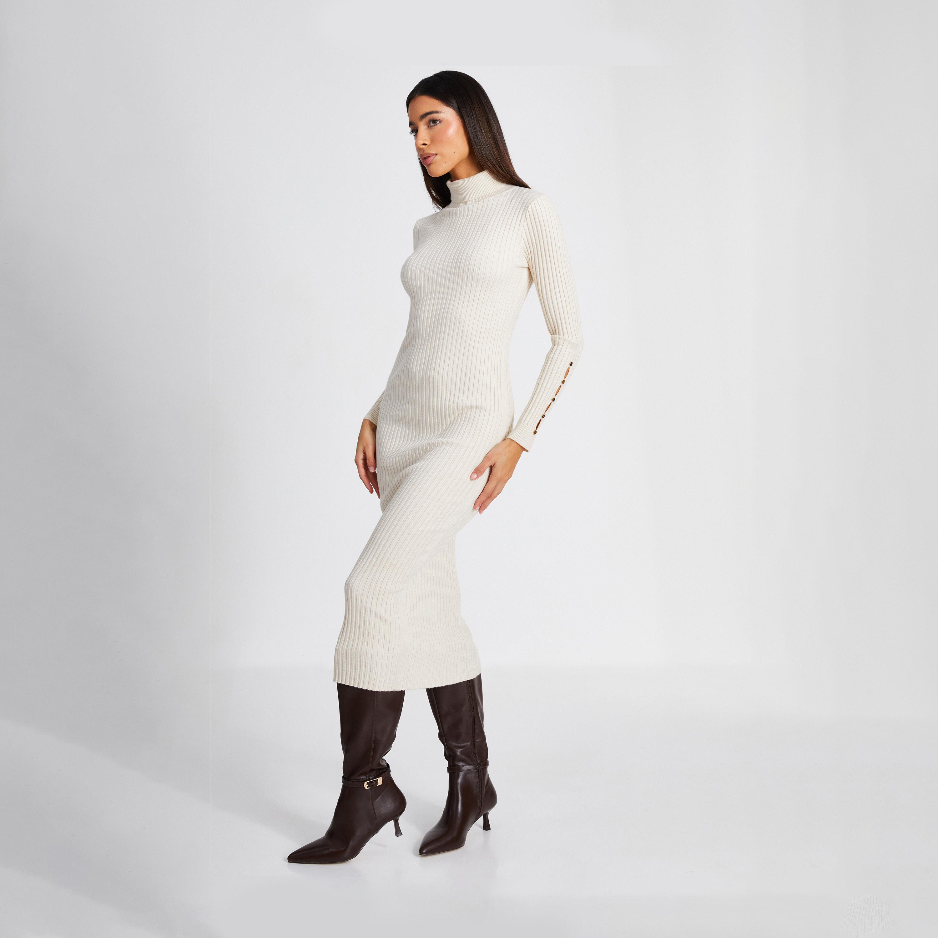 Quiz Cream Knit Rib Gold Button Cuff Long Sleeve Jumper Dress-women-clothing-dresses-image-2
