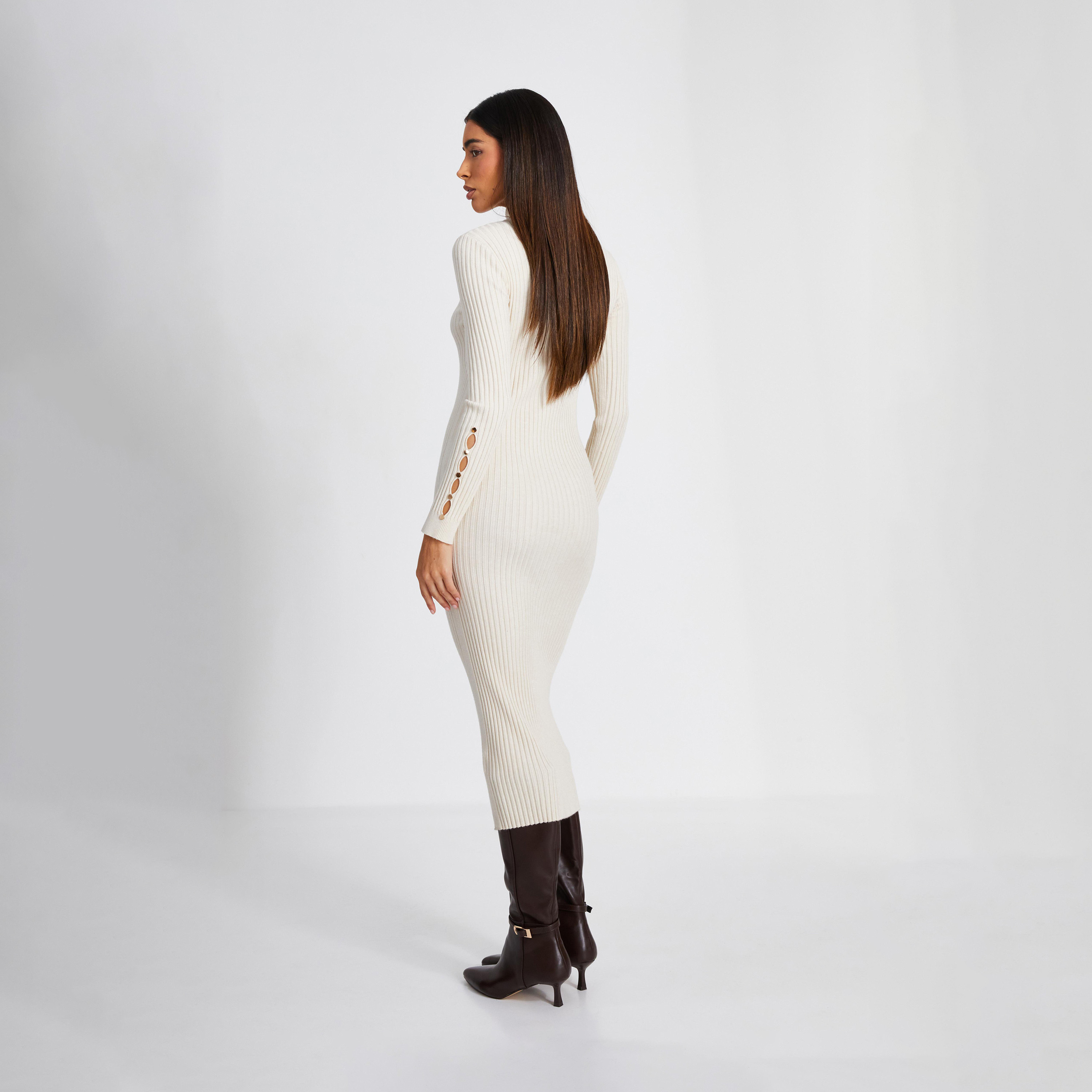 Quiz Cream Knit Rib Gold Button Cuff Long Sleeve Jumper Dress-women-clothing-dresses-image-3