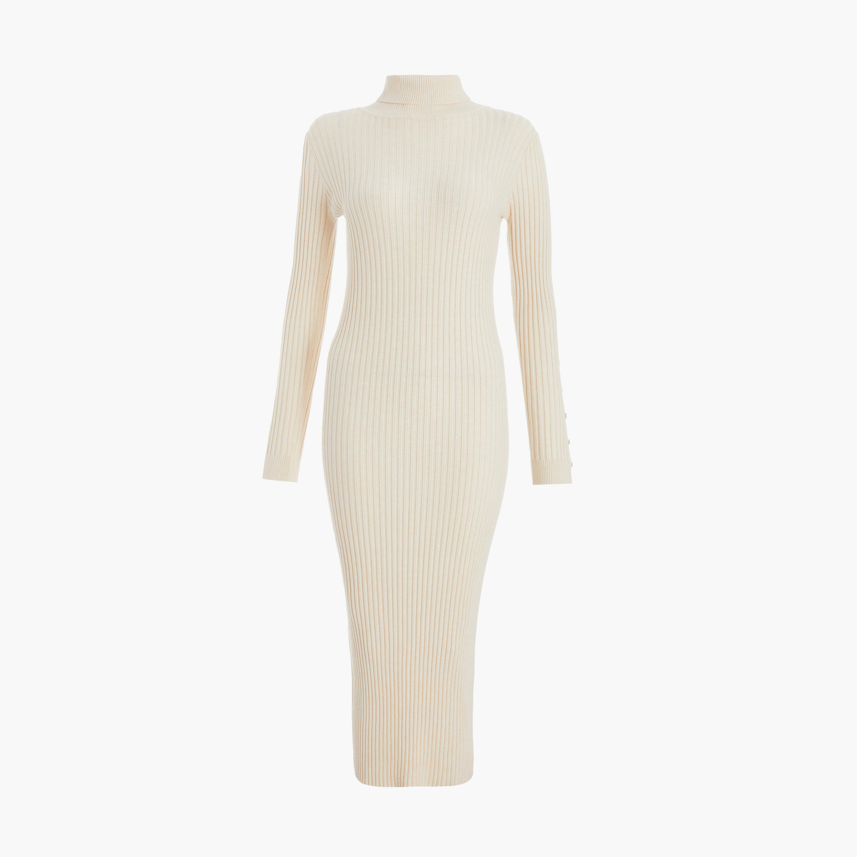 كويز-  فستان كنزة بأكمام طويلة شبكي كريمي اللون وأزرار ذهبية اللون-women-clothing-dresses-image-5
