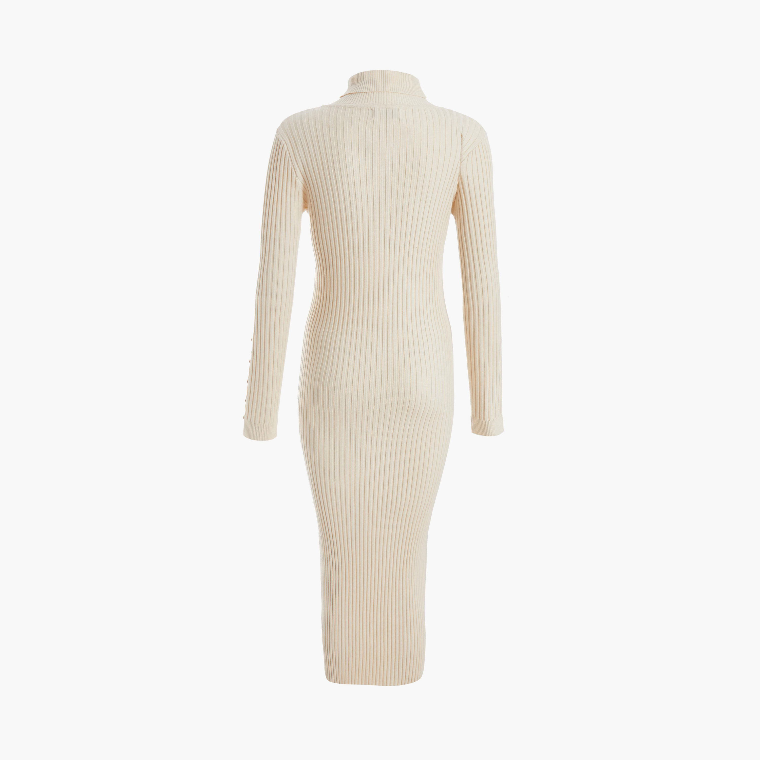 كويز-  فستان كنزة بأكمام طويلة شبكي كريمي اللون وأزرار ذهبية اللون-women-clothing-dresses-image-6