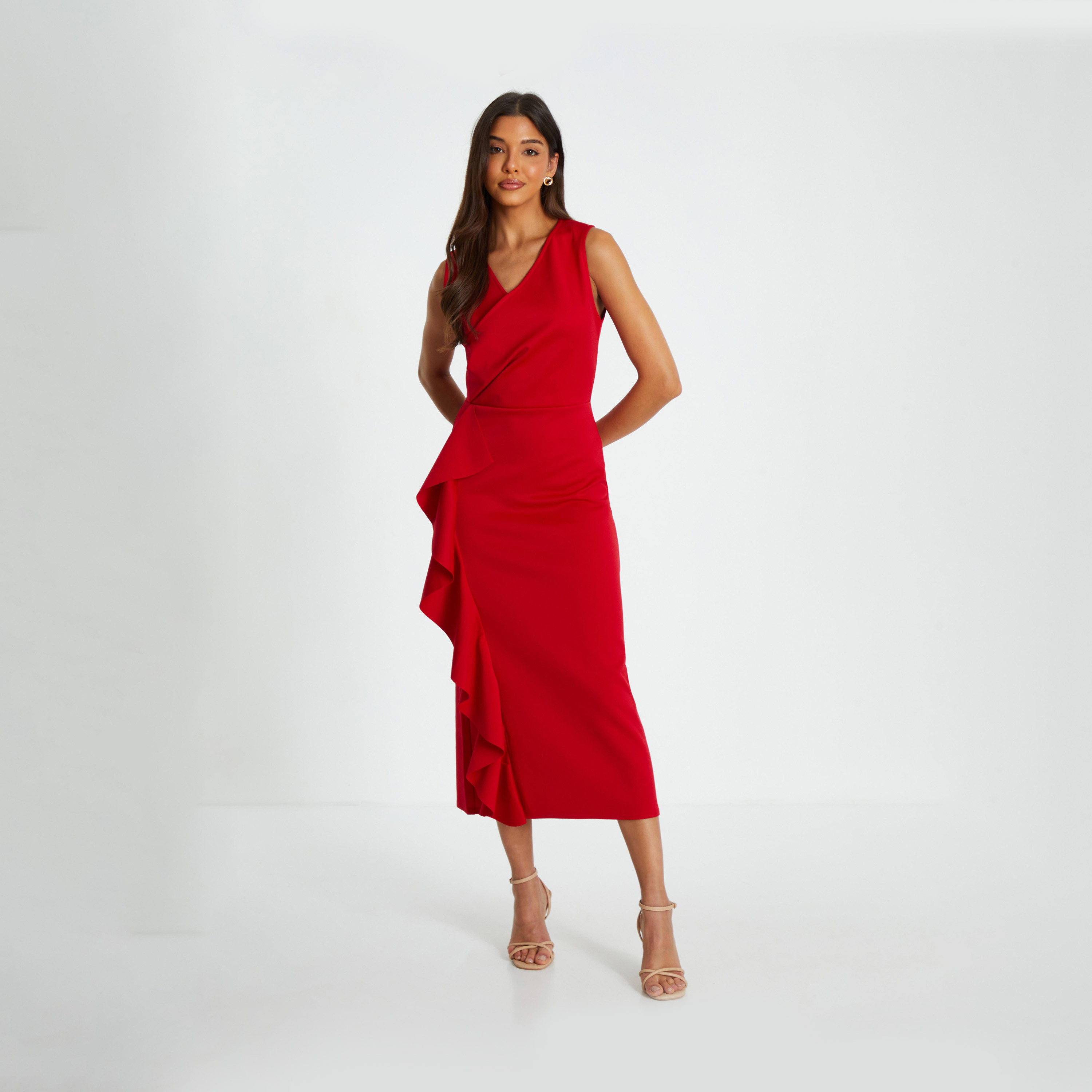كويز- فستان أحمر ميدي من قماش الكريب الملفوف-women-clothing-dresses-image-1