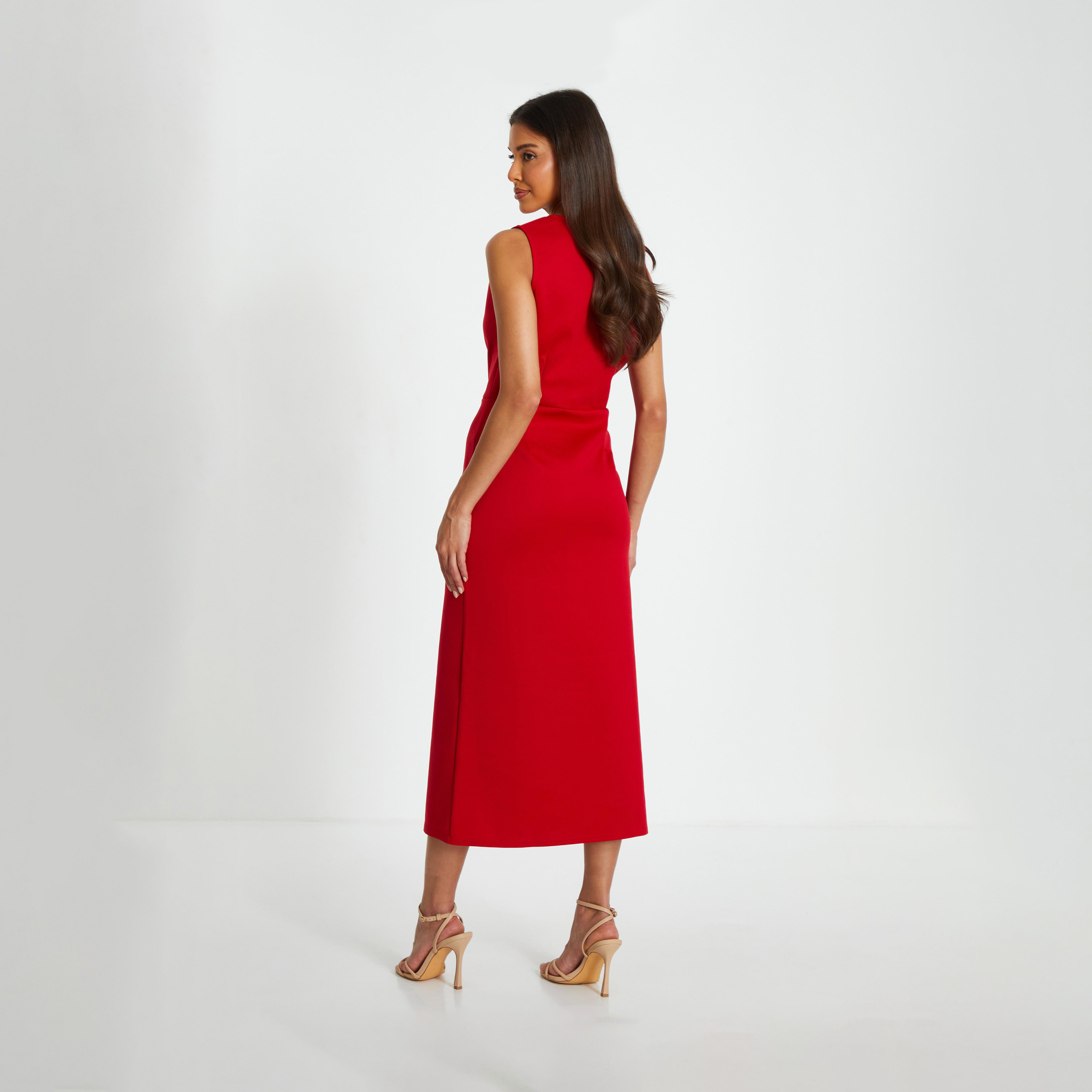 كويز- فستان أحمر ميدي من قماش الكريب الملفوف-women-clothing-dresses-image-2