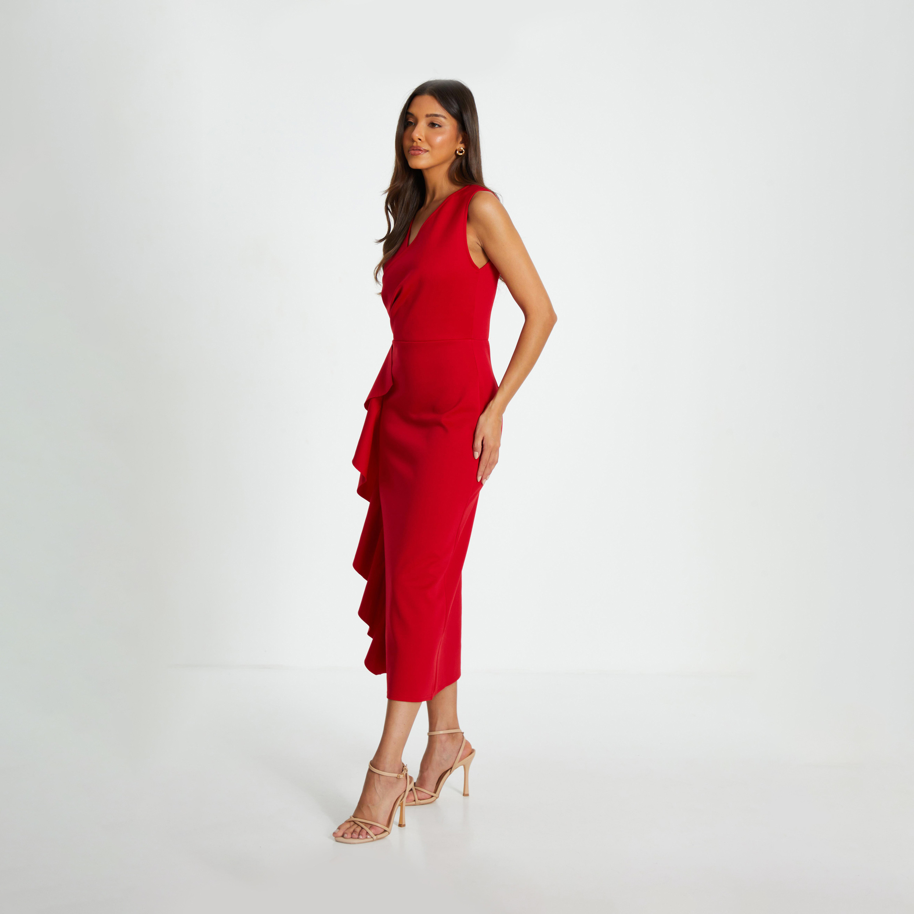 كويز- فستان أحمر ميدي من قماش الكريب الملفوف-women-clothing-dresses-image-3