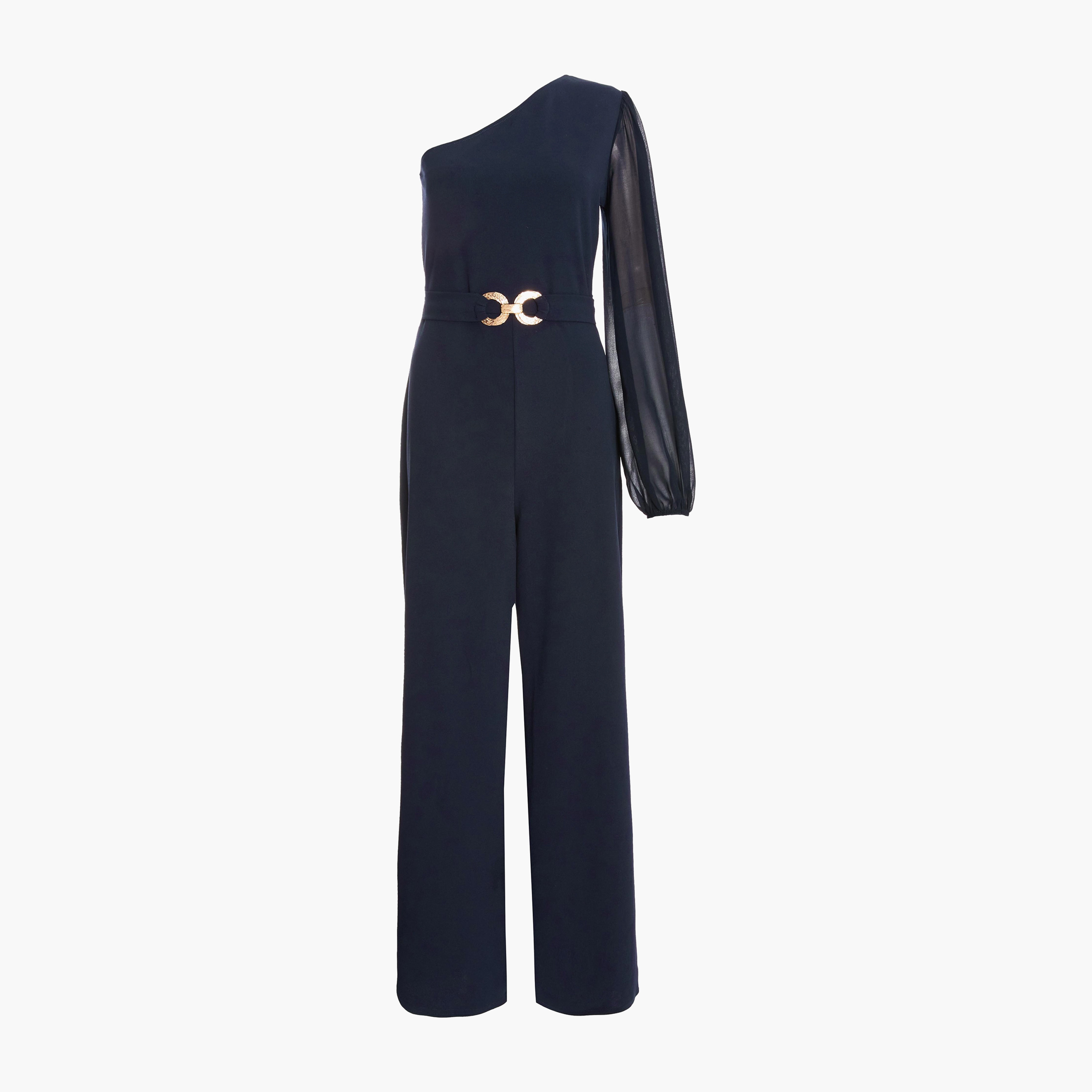 Quiz Navy Scuba Crepe One Shoulder Palazzo Women's Jumpsuit with Gold Buckle-women-clothing-jumpsuits-image-5