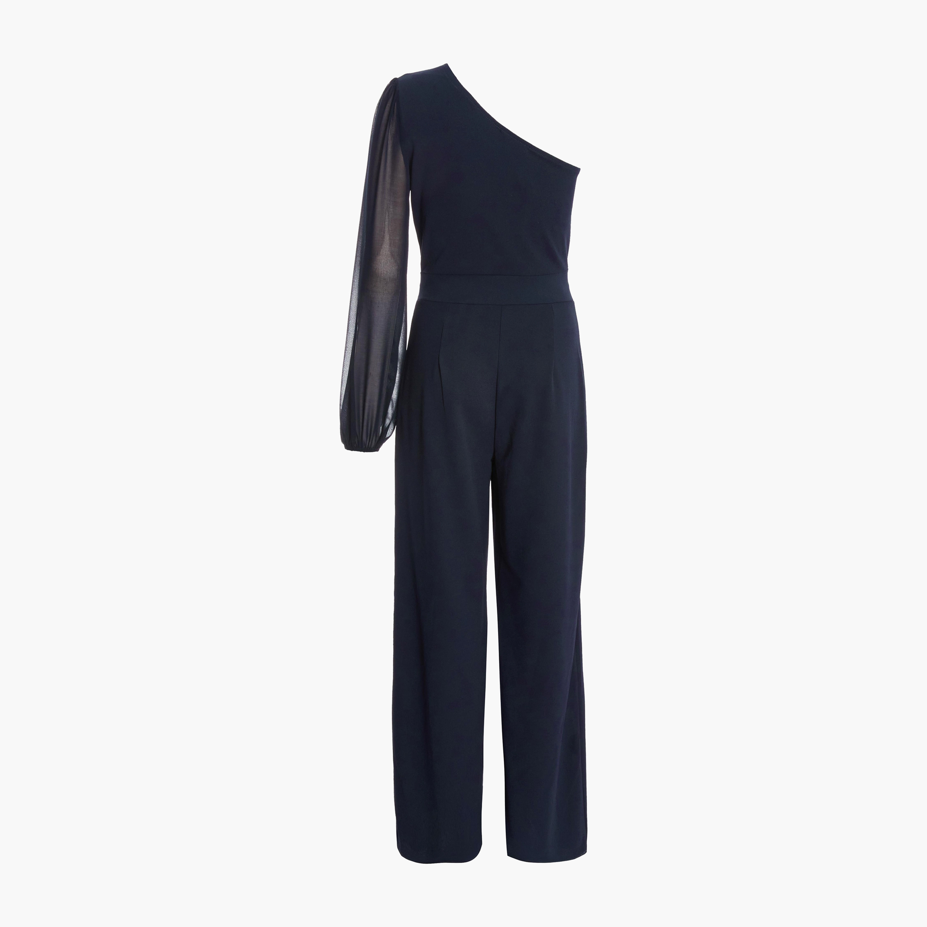 جمبسوت نسائي بالازو ذو كريب سكوبا بلون داكن بكتف واحد مع مشبك ذهبي من كويز-women-clothing-jumpsuits-image-6