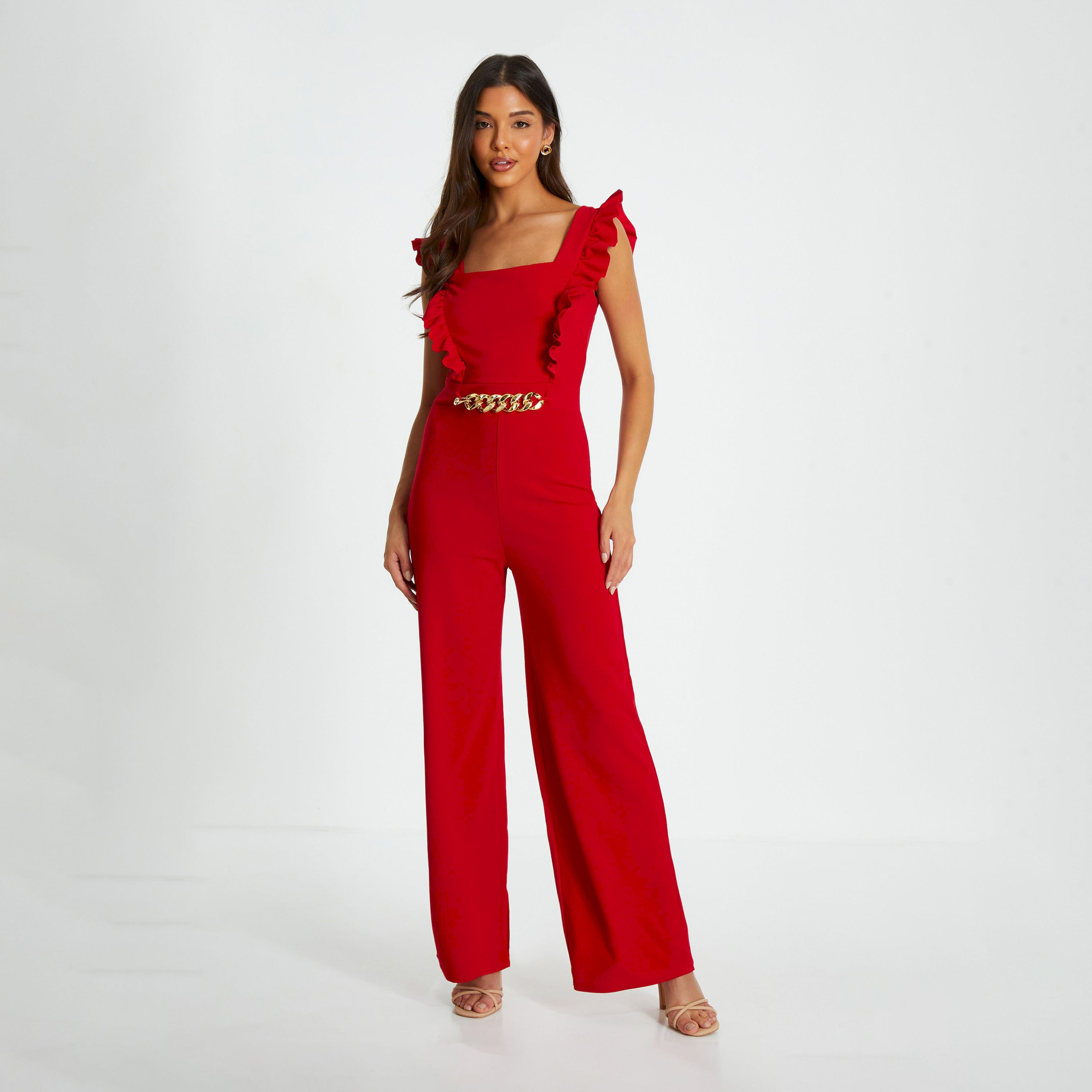 كويز- جمبسوت بالازو بحزام سلسلة بأكمام مكشكشة من الكريب الأحمر-women-clothing-jumpsuits-image-1