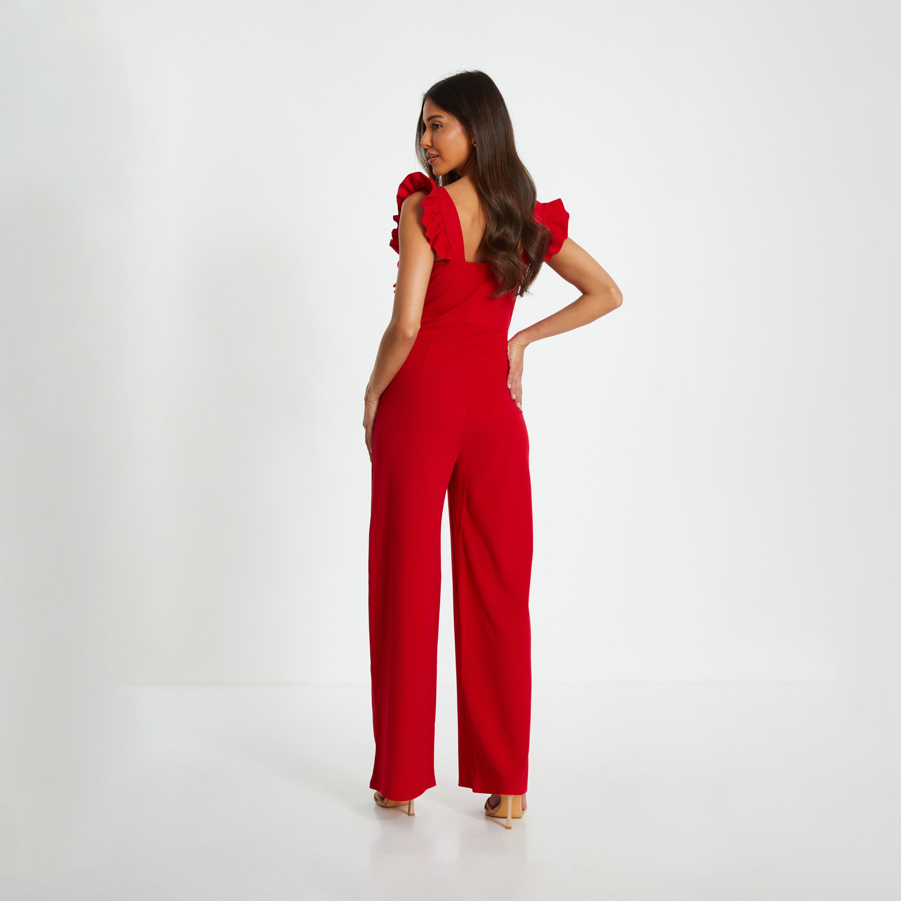 كويز- جمبسوت بالازو بحزام سلسلة بأكمام مكشكشة من الكريب الأحمر-women-clothing-jumpsuits-image-2