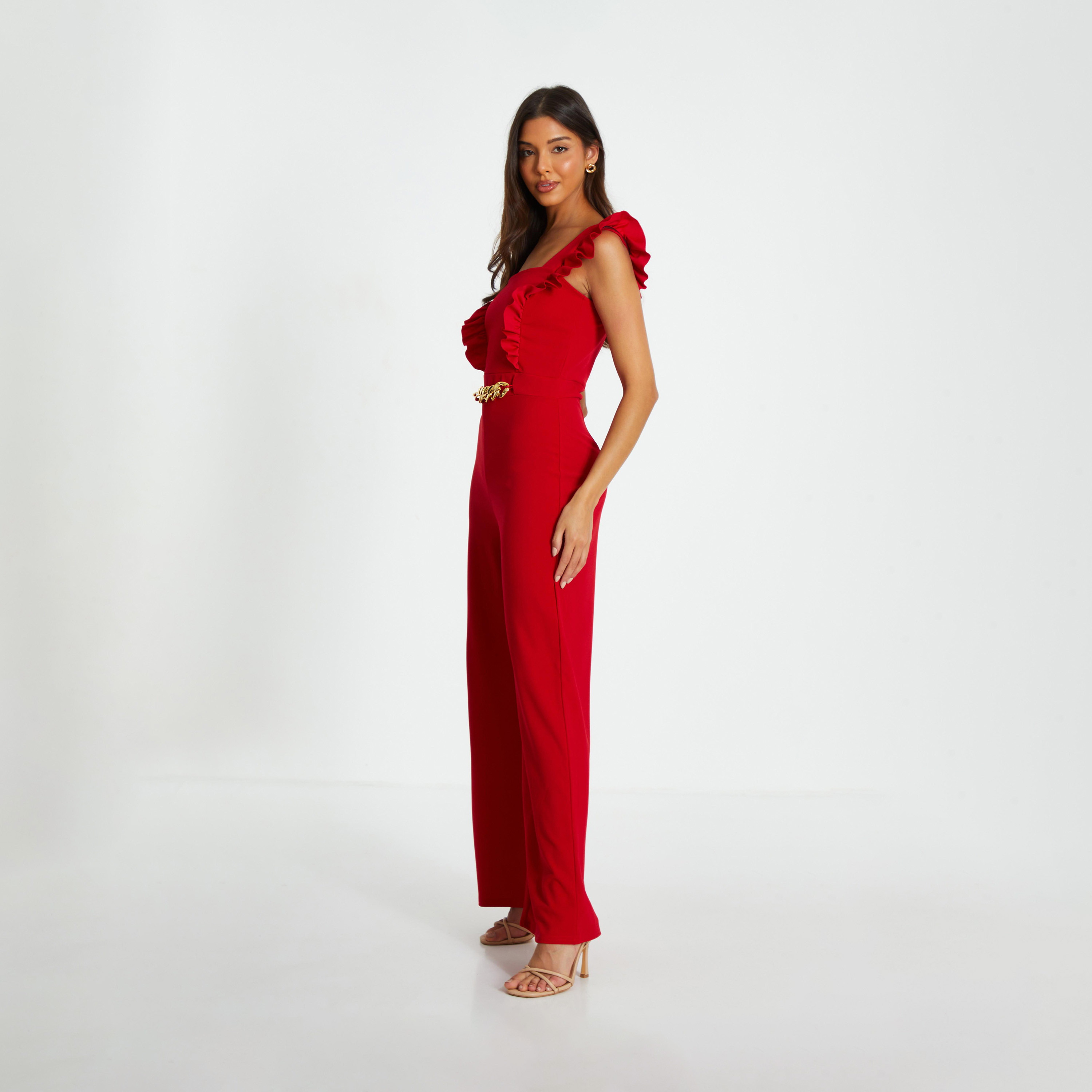 كويز- جمبسوت بالازو بحزام سلسلة بأكمام مكشكشة من الكريب الأحمر-women-clothing-jumpsuits-image-3