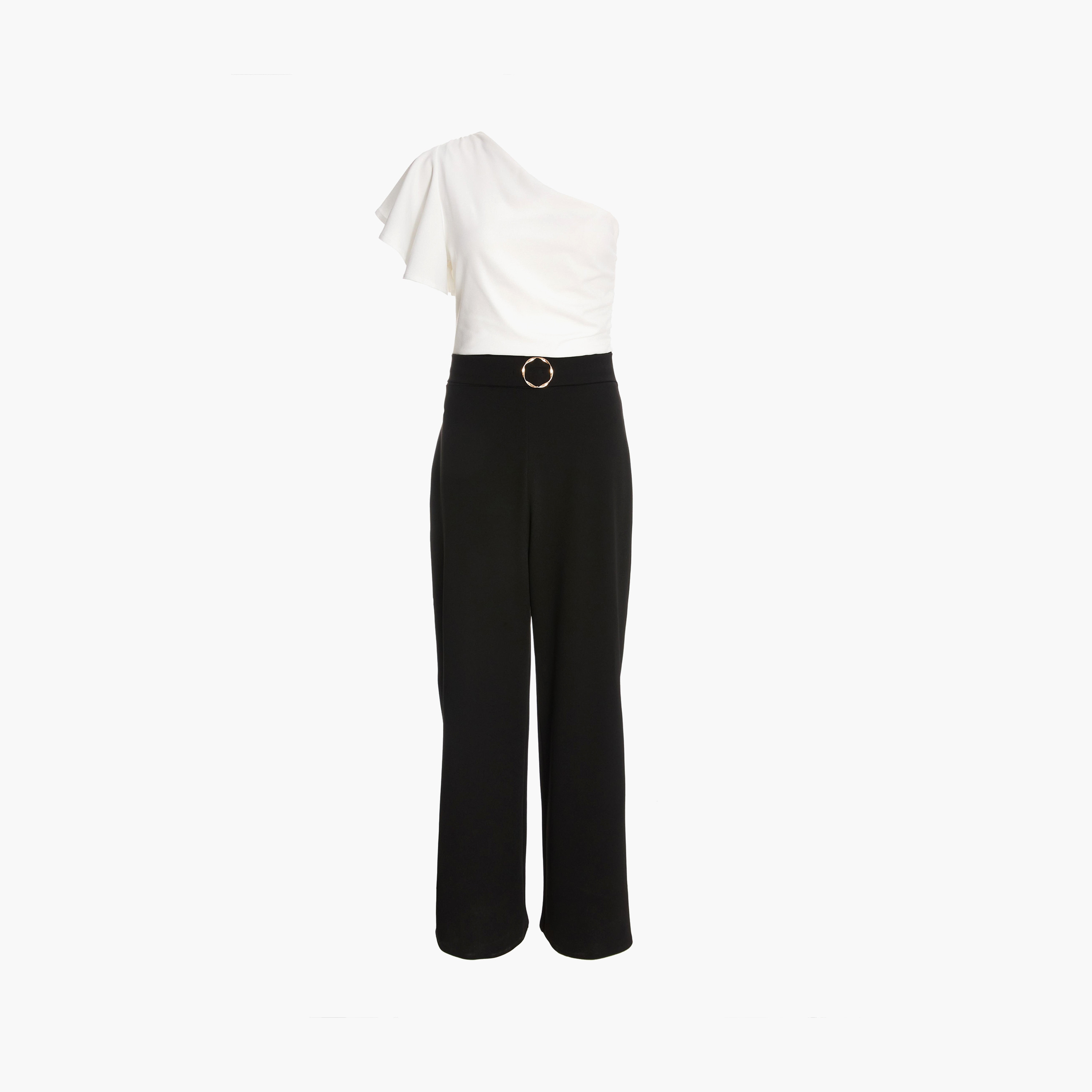 جمبسوت نسائي ذو كريب سكوبا بلون أسود وأبيض بكتف واحد مع مشبك ذهبي من كويز-women-clothing-jumpsuits-image-5