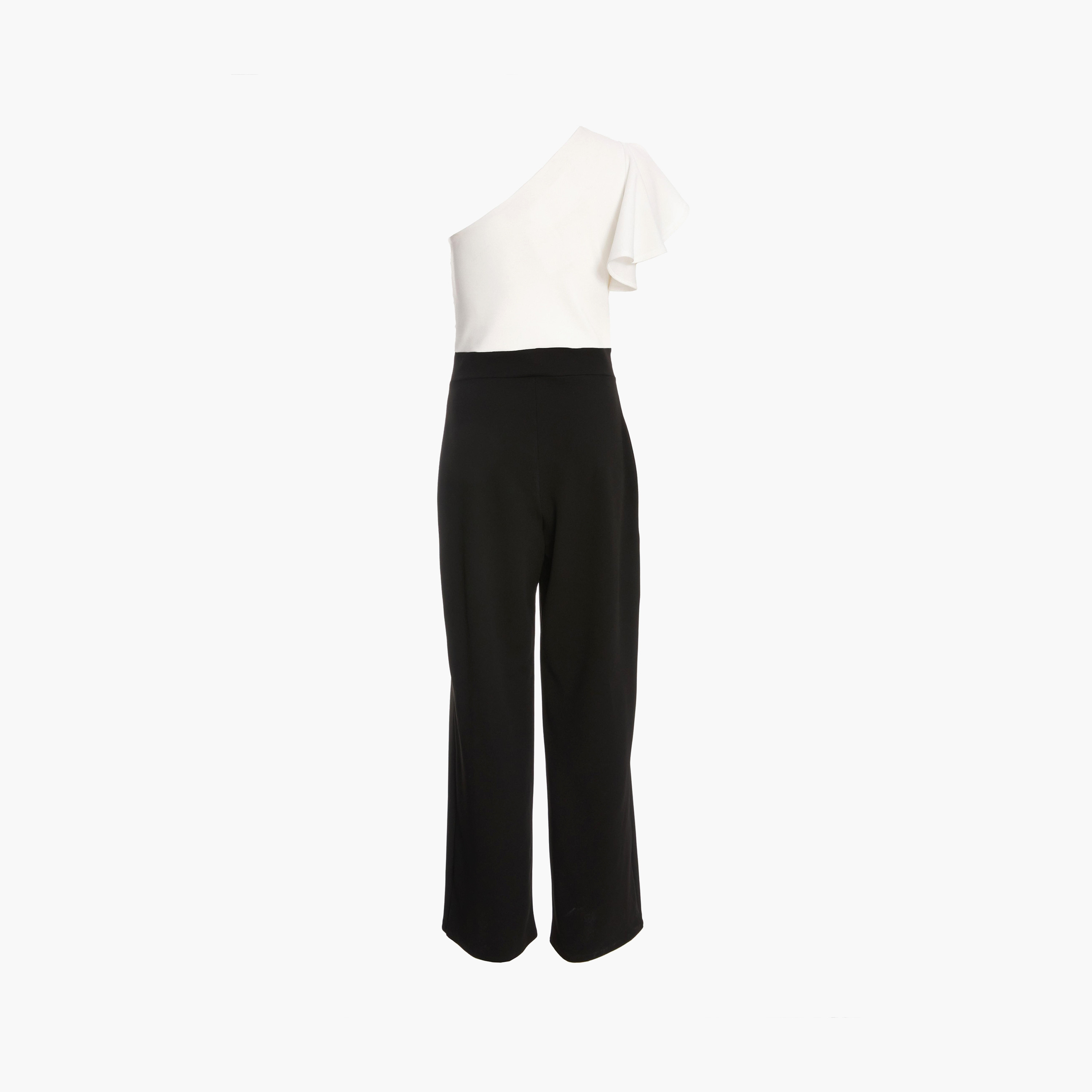 جمبسوت نسائي ذو كريب سكوبا بلون أسود وأبيض بكتف واحد مع مشبك ذهبي من كويز-women-clothing-jumpsuits-image-6