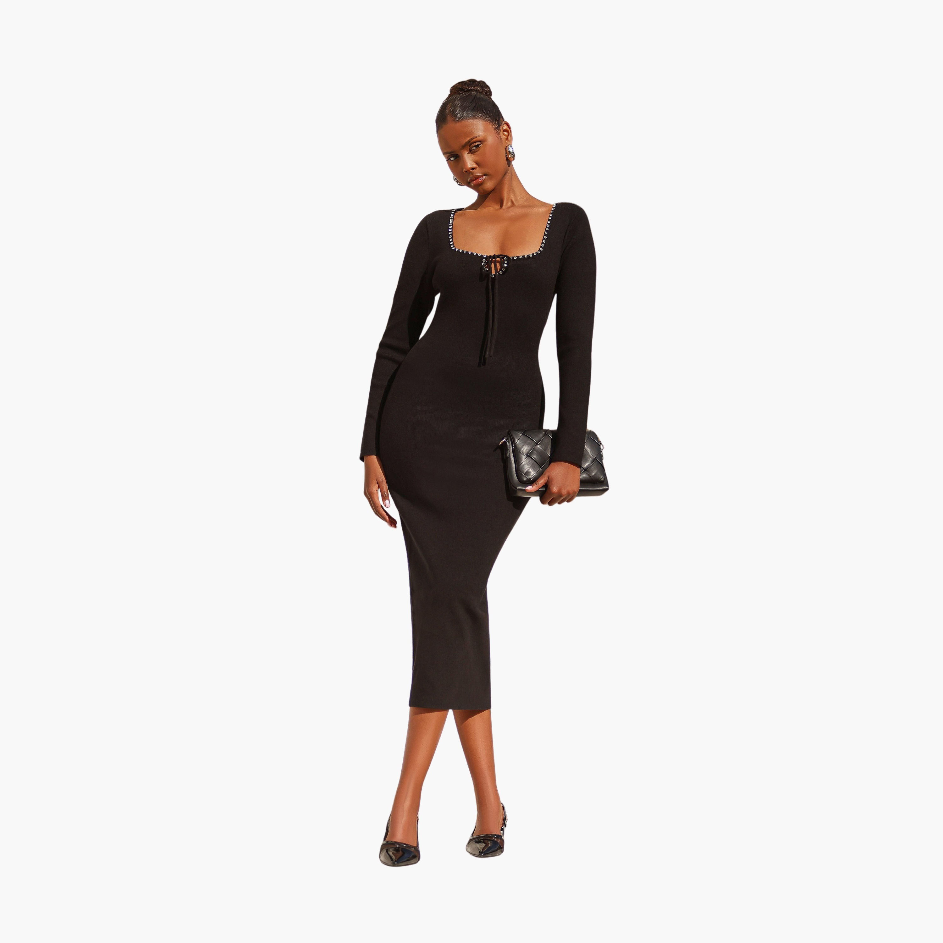 كويز-  فستان سهرة أسود محبوك وربطة عنق وأكمام طويلة شبكي-women-clothing-dresses-image-1
