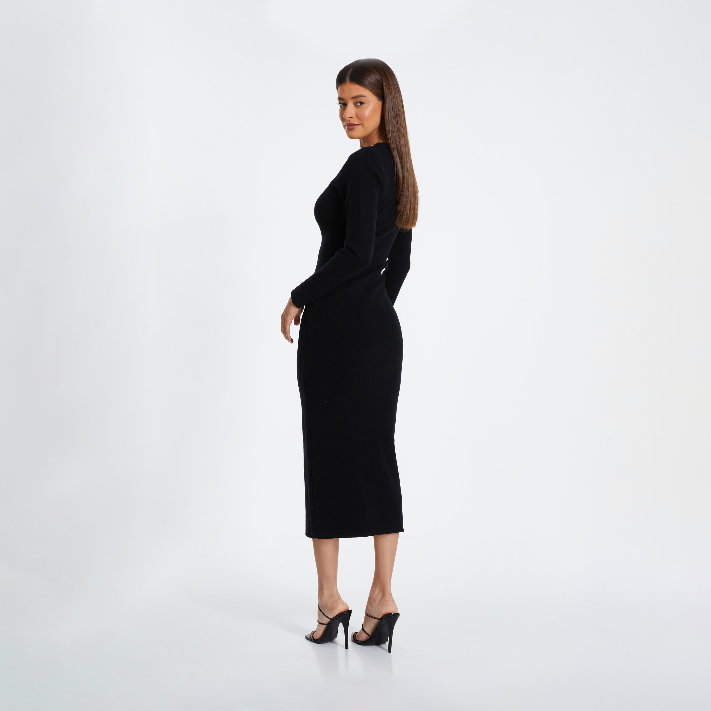 كويز-  فستان سهرة أسود محبوك وربطة عنق وأكمام طويلة شبكي-women-clothing-dresses-image-2