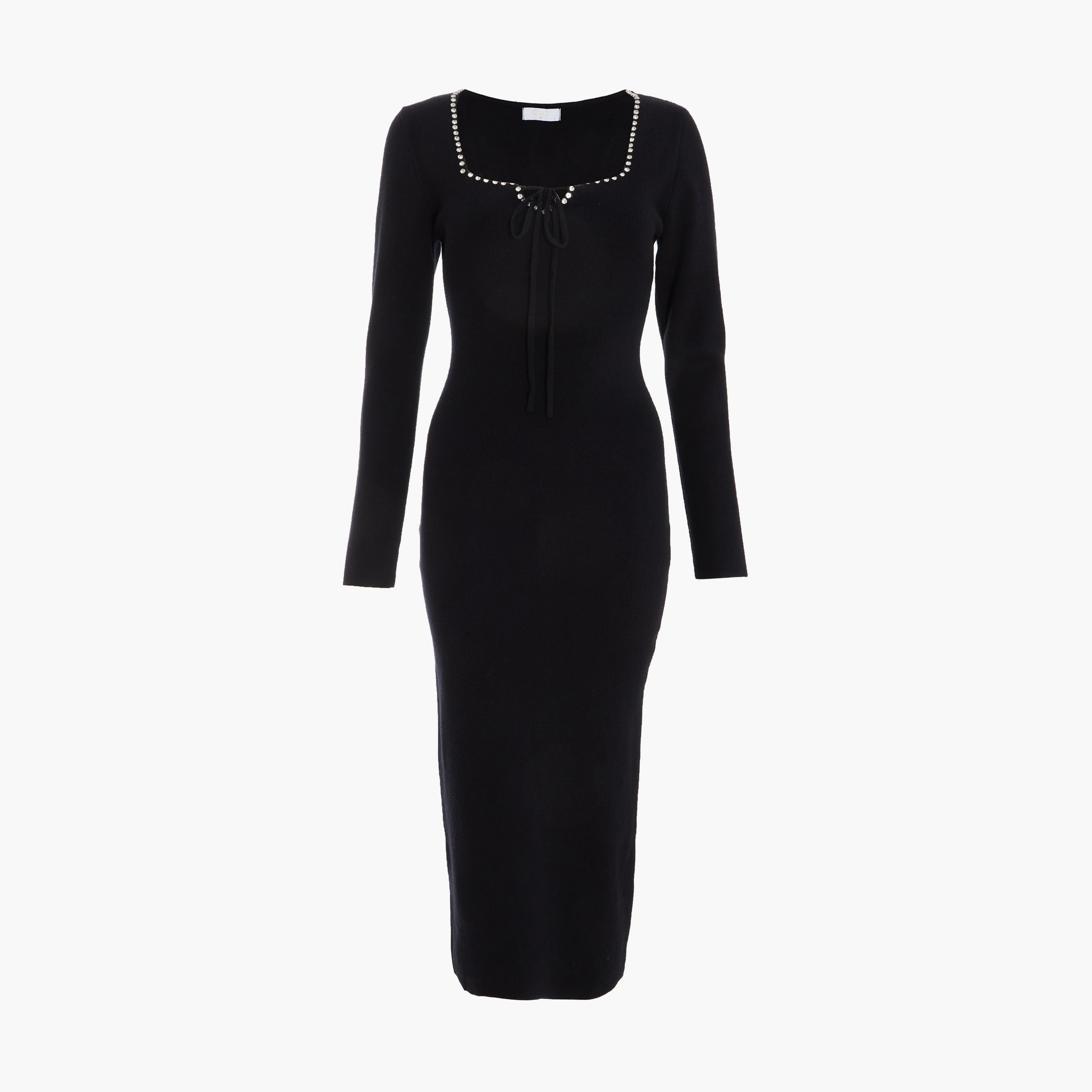 كويز-  فستان سهرة أسود محبوك وربطة عنق وأكمام طويلة شبكي-women-clothing-dresses-image-5