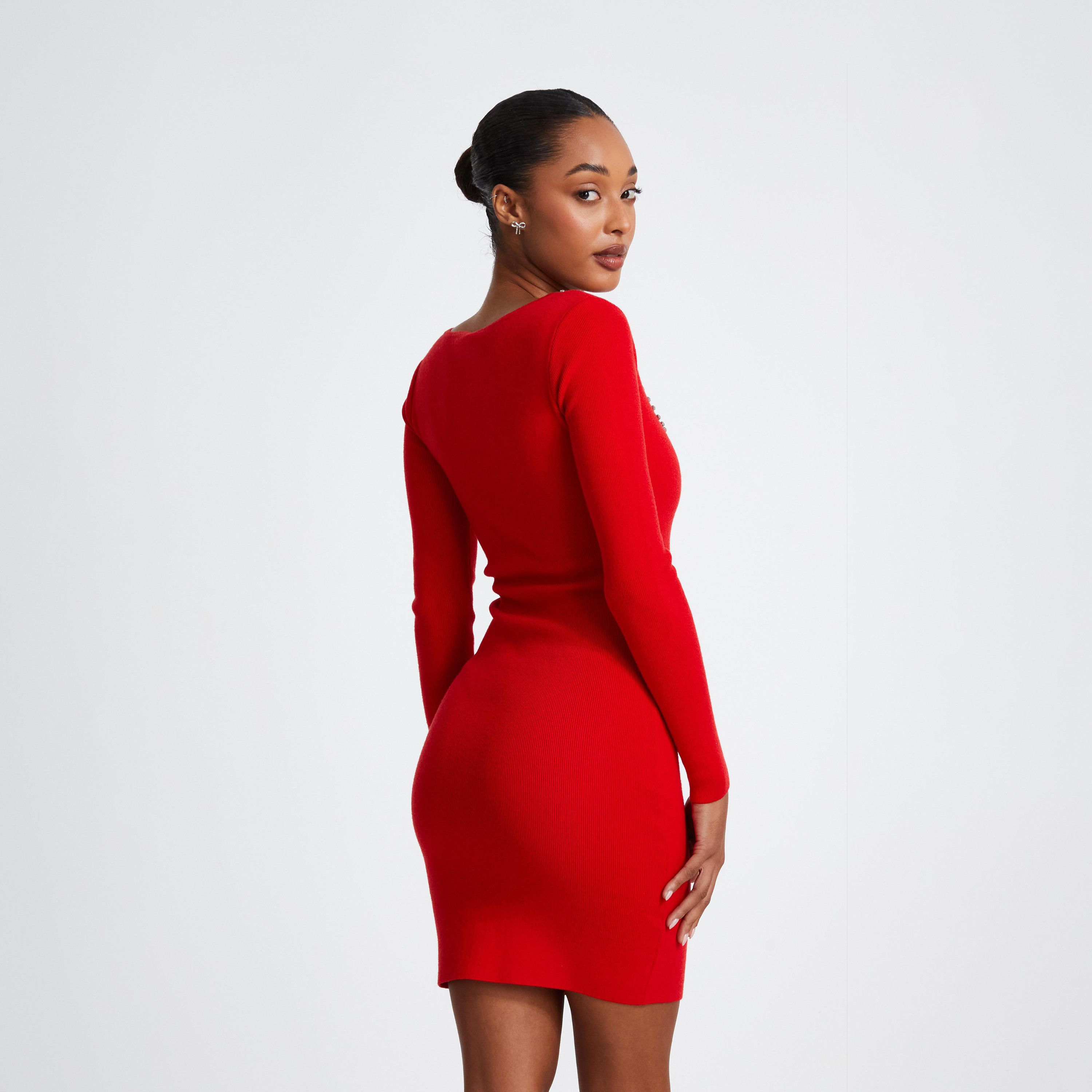 كويز-  فستان قصير بأكمام طويلة من الصوف المحبوك وحافة ماسية-women-clothing-dresses-image-2