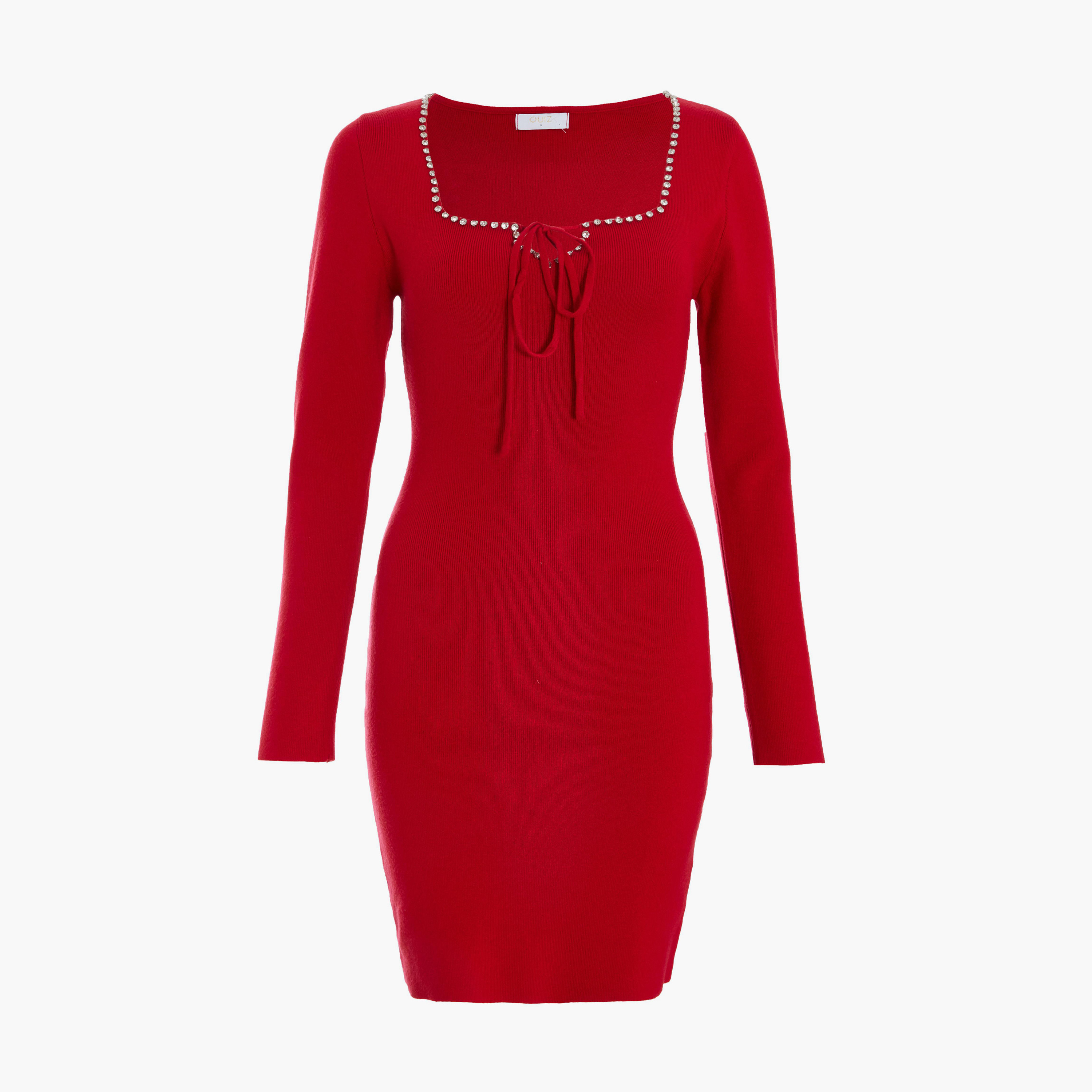 كويز-  فستان قصير بأكمام طويلة من الصوف المحبوك وحافة ماسية-women-clothing-dresses-image-5