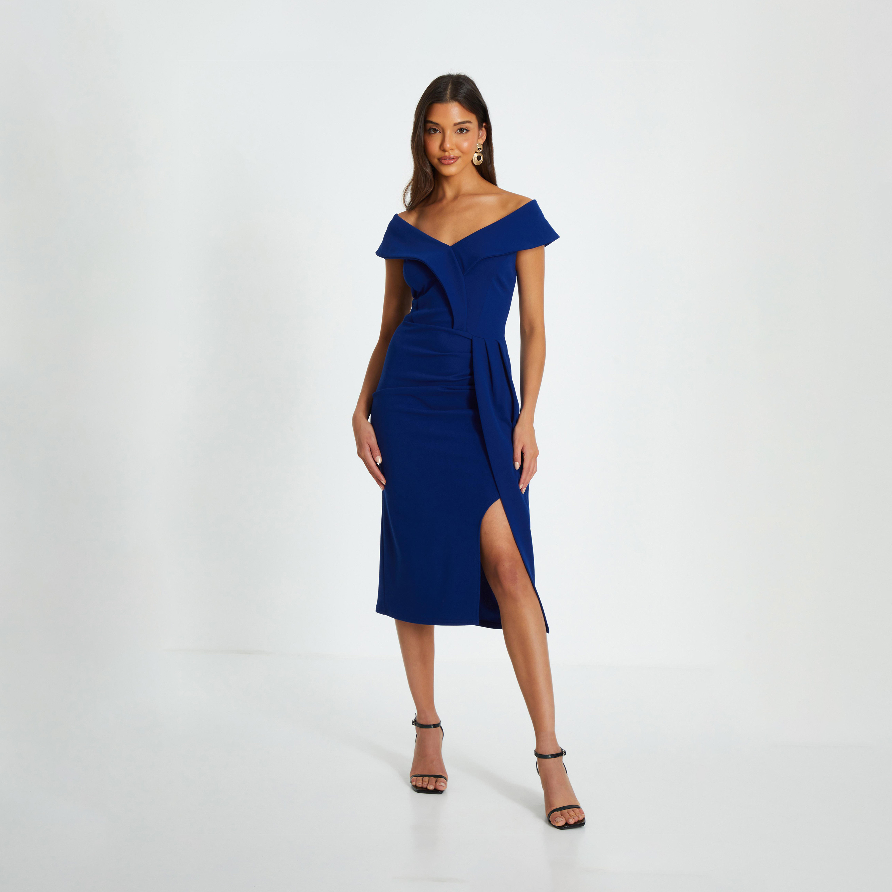 كويز-  فستان ملفوف متوسط ​​الطول من قماش الكريب سكوبا أزرق ملكي-women-clothing-dresses-image-1