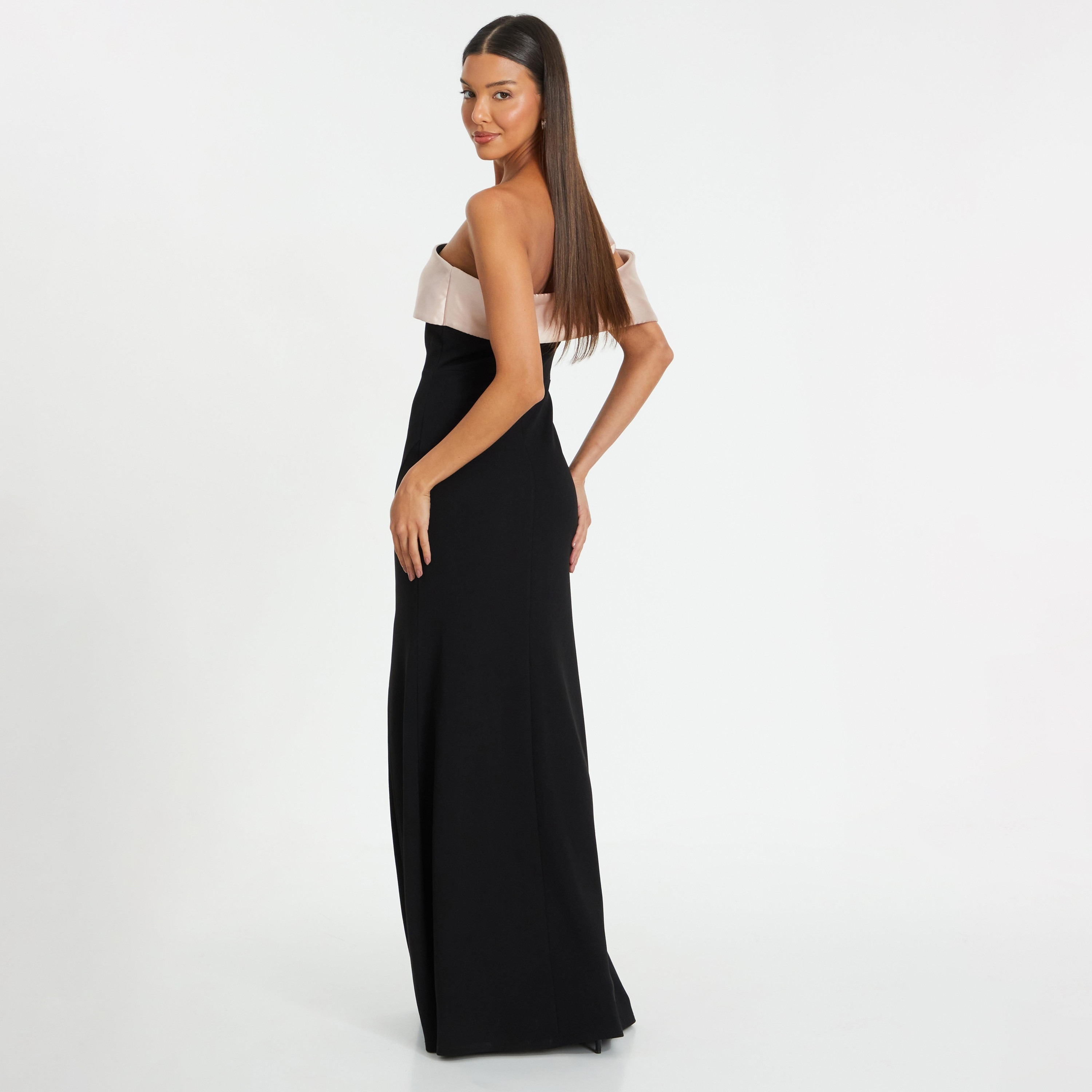 Quiz Black Satin Scuba Crepe Off Shoulder Split Leg Fishtail Evening Maxi Dress-women-clothing-dresses-image-3