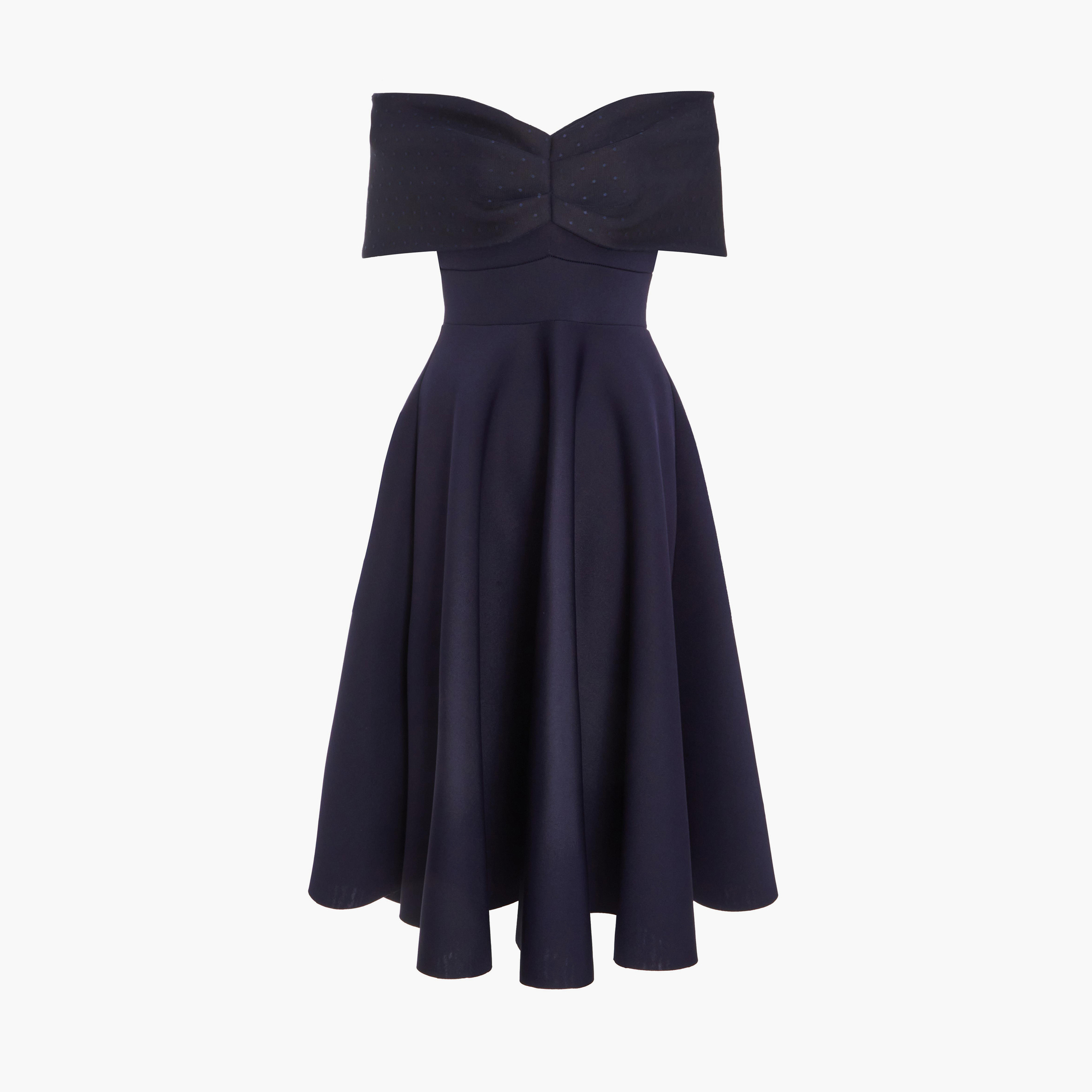 كويز- فستان سهرة ميدي بقصّة باردو من قماش شبكي منقوش باللون الأزرق الداكن-women-clothing-dresses-image-11