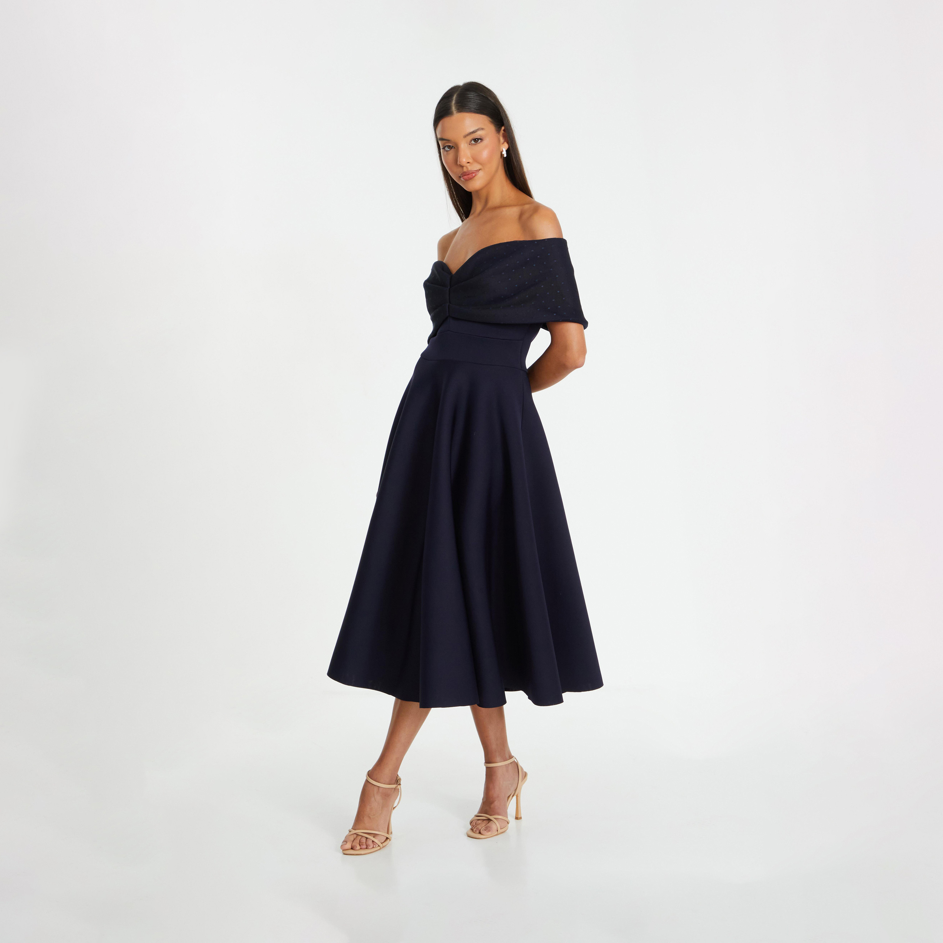 Quiz Navy Scuba - Mesh Polka Dot Bardot Midi Skater Evening Dress-women-clothing-dresses-image-3