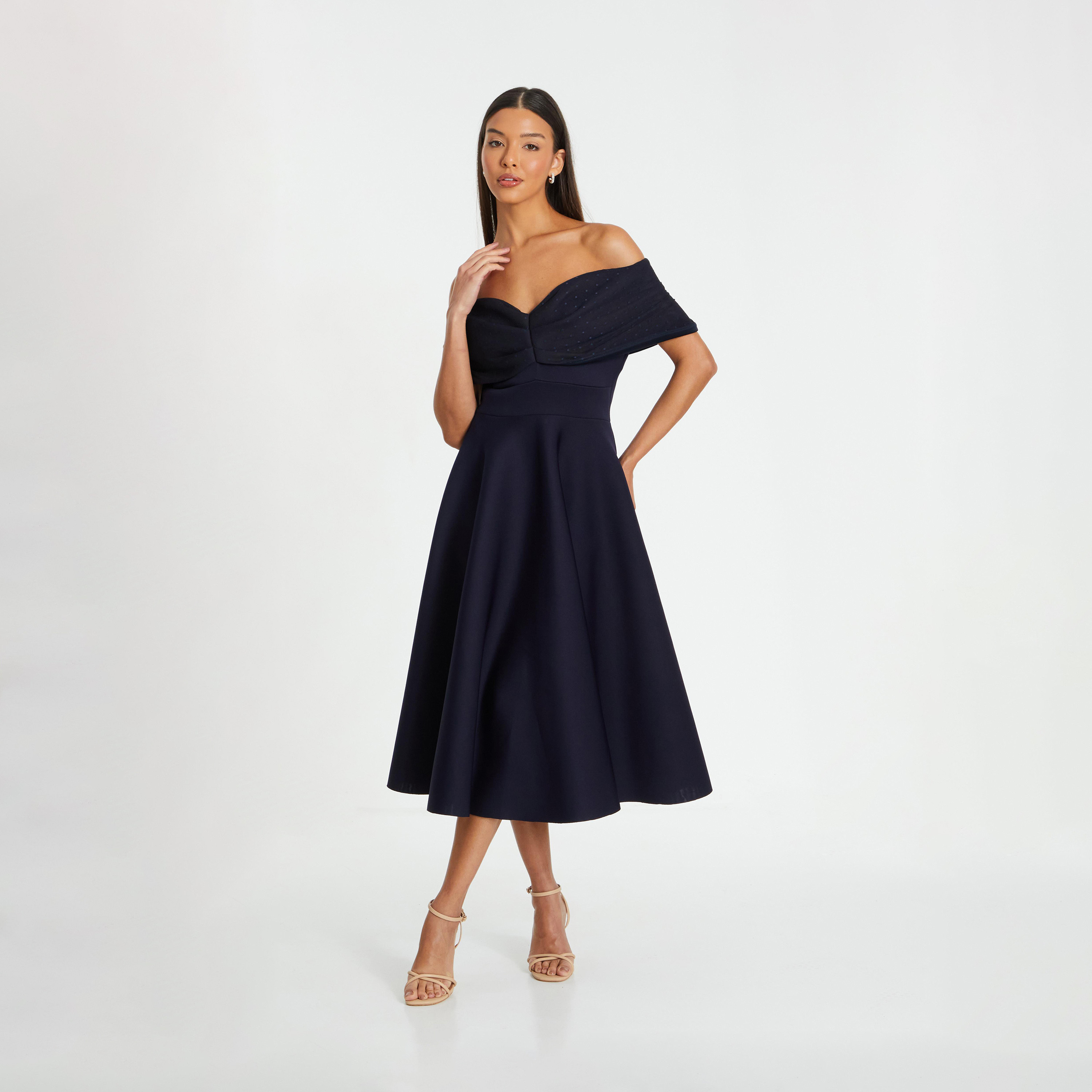 Quiz Navy Scuba - Mesh Polka Dot Bardot Midi Skater Evening Dress-women-clothing-dresses-image-7